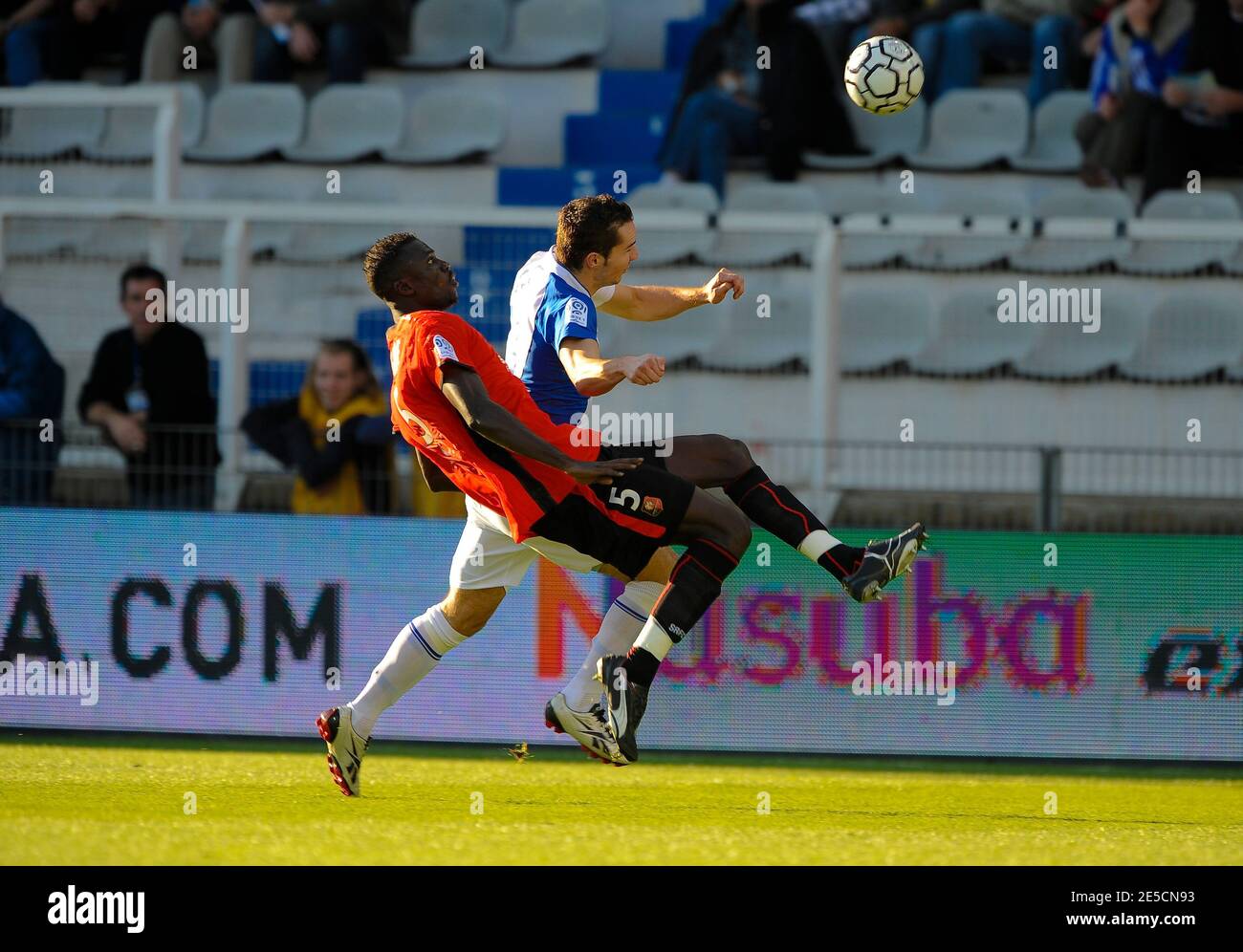 Rennes' Abdou Kader Mangane is challenged by Auxerre's Kevin Lejeune during  the French First League soccer match, Auxerre vs Rennes, in Auxerre,  France, on October 19, 2008. Auxerre and Rennes draw 0-0.