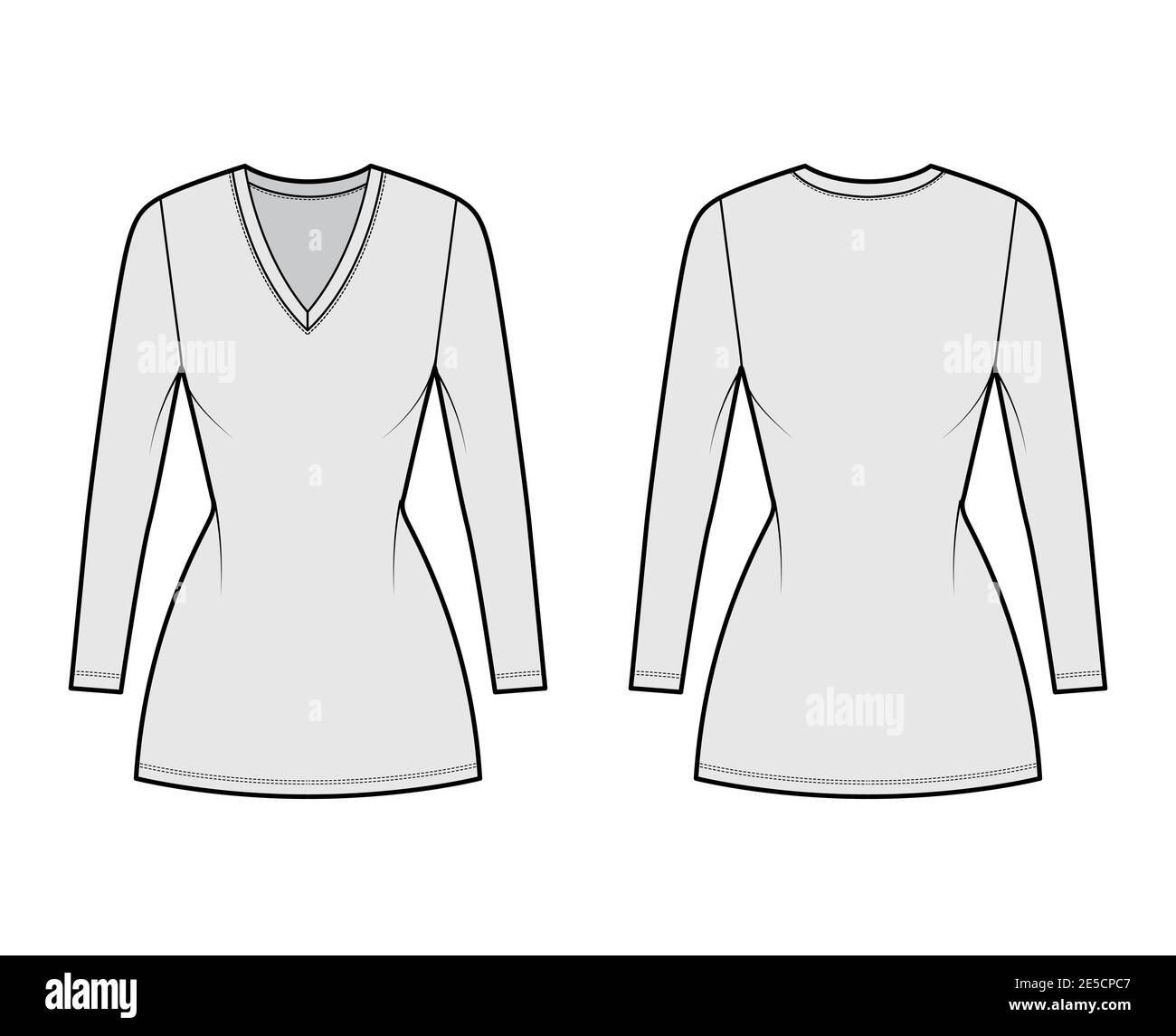T-shirt dress technical fashion illustration with V-neck, long sleeves, mini length, fitted body, Pencil fullness. Flat apparel template front, back, grey color. Women, men, unisex CAD mockup Stock Vector