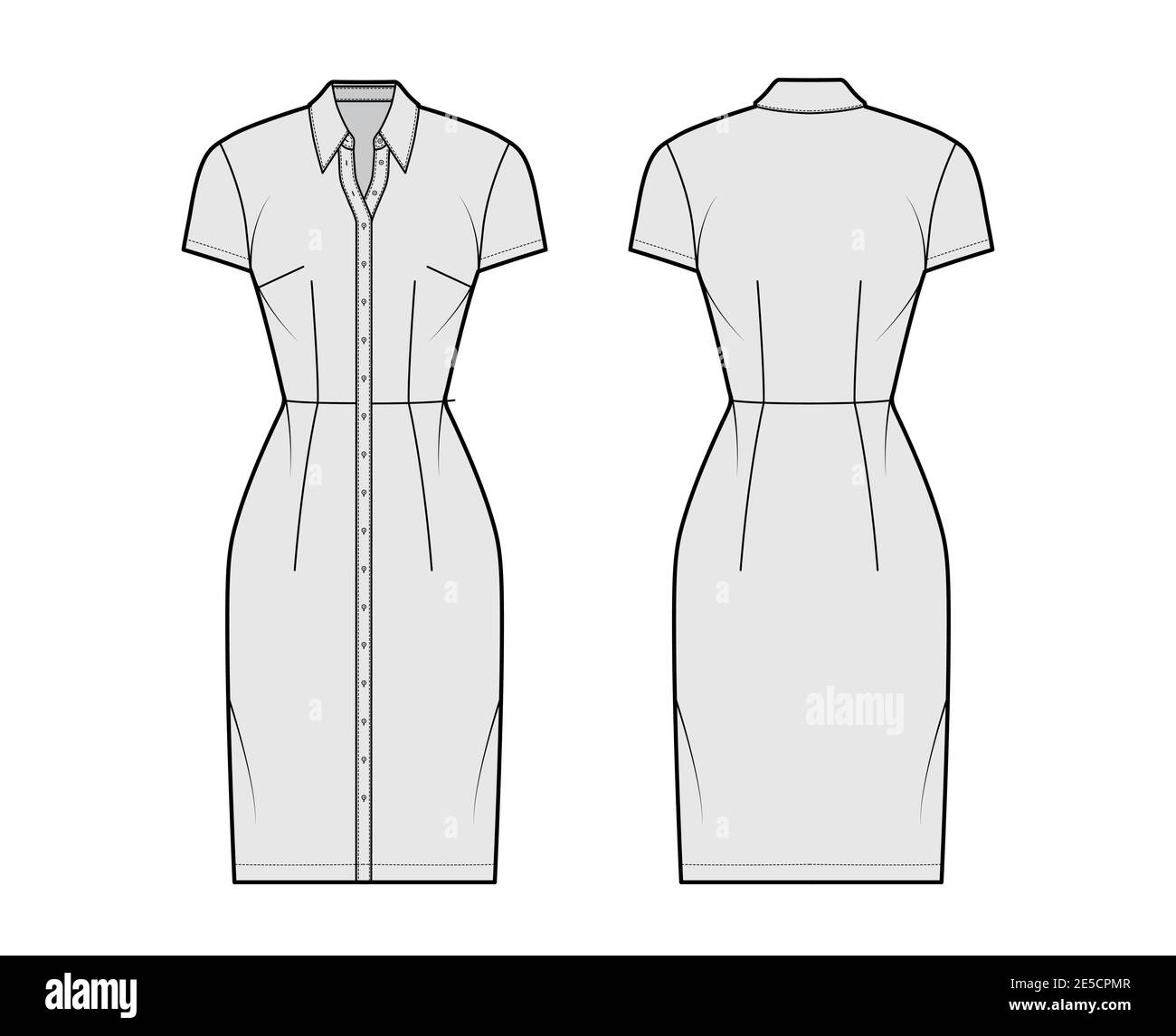 Shirt dress technical fashion illustration with classic regular collar