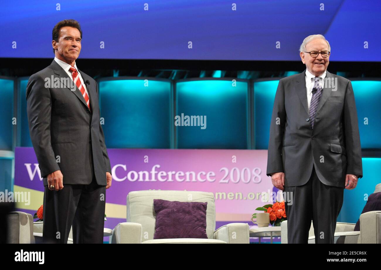 California Governor Arnold Schwarzenegger and Warren Buffett, Chairman and CEO of Berkshire Hathaway Inc, attend The Women's Conference 2008 held at the Long Beach Convention Center in Los Angeles, CA, USA on October 22, 2008. Photo by Lionel Hahn/ABACAPRESS.COM Stock Photo