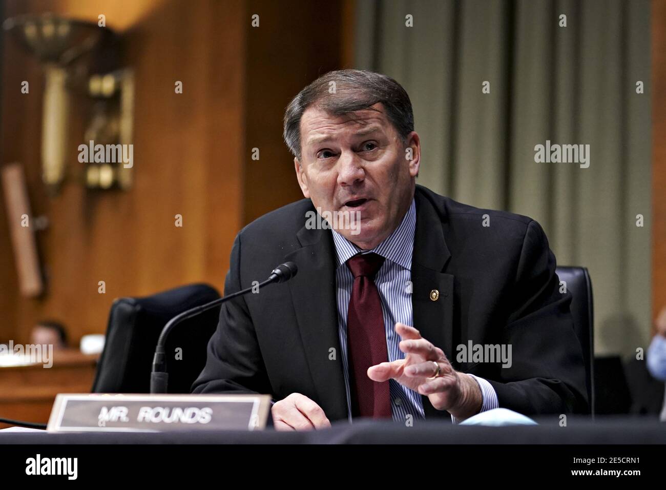 Washington, United States. 27th Jan, 2021. Senator Mike Rounds, a Republican from South Dakota, speaks during a Senate Veterans' Affairs Committee confirmation hearing for Denis McDonough, U.S. secretary of Veterans Affairs (VA) nominee for U.S. President Joe Biden, in Washington, DC on Wednesday, January 27, 2021. As Barack Obama's chief of staff, McDonough oversaw the VA's overhaul in response to its 2014 wait-time scandal and previously served as a deputy national security adviser. Photo by Sarah Silbiger/UPI Credit: UPI/Alamy Live News Stock Photo