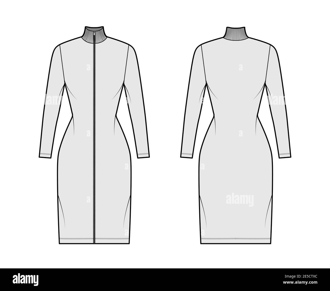 Turtleneck zip-up dress technical fashion illustration with long sleeves, knee length, fitted body, Pencil fullness. Flat apparel template front, back, grey color. Women, men, unisex CAD mockup Stock Vector