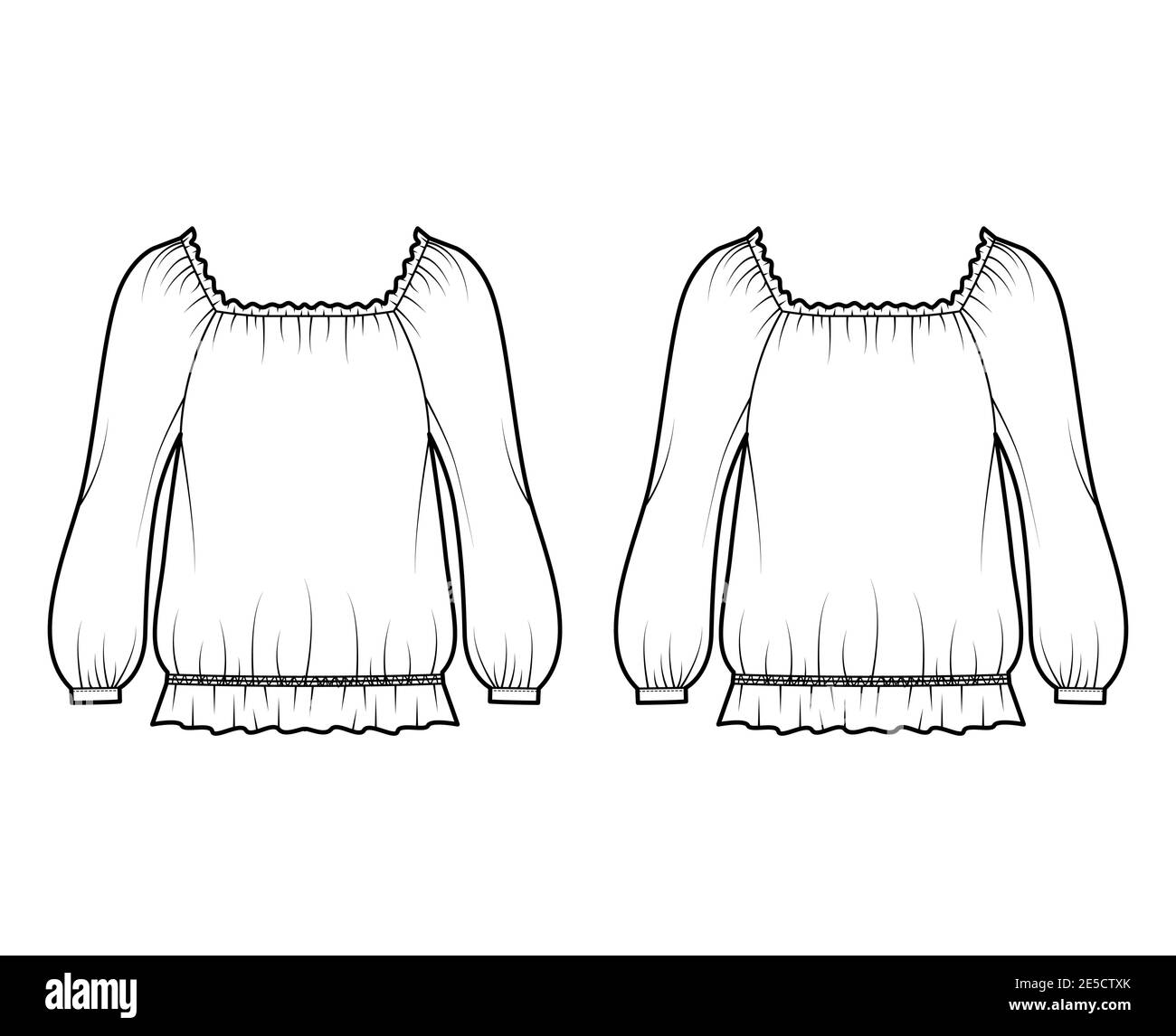 Peasant blouse technical fashion illustration with bouffant long sleeves, gathered wide scoop and hem, oversized. Flat shirt apparel top template front, back, white color. Women men unisex CAD mockup Stock Vector