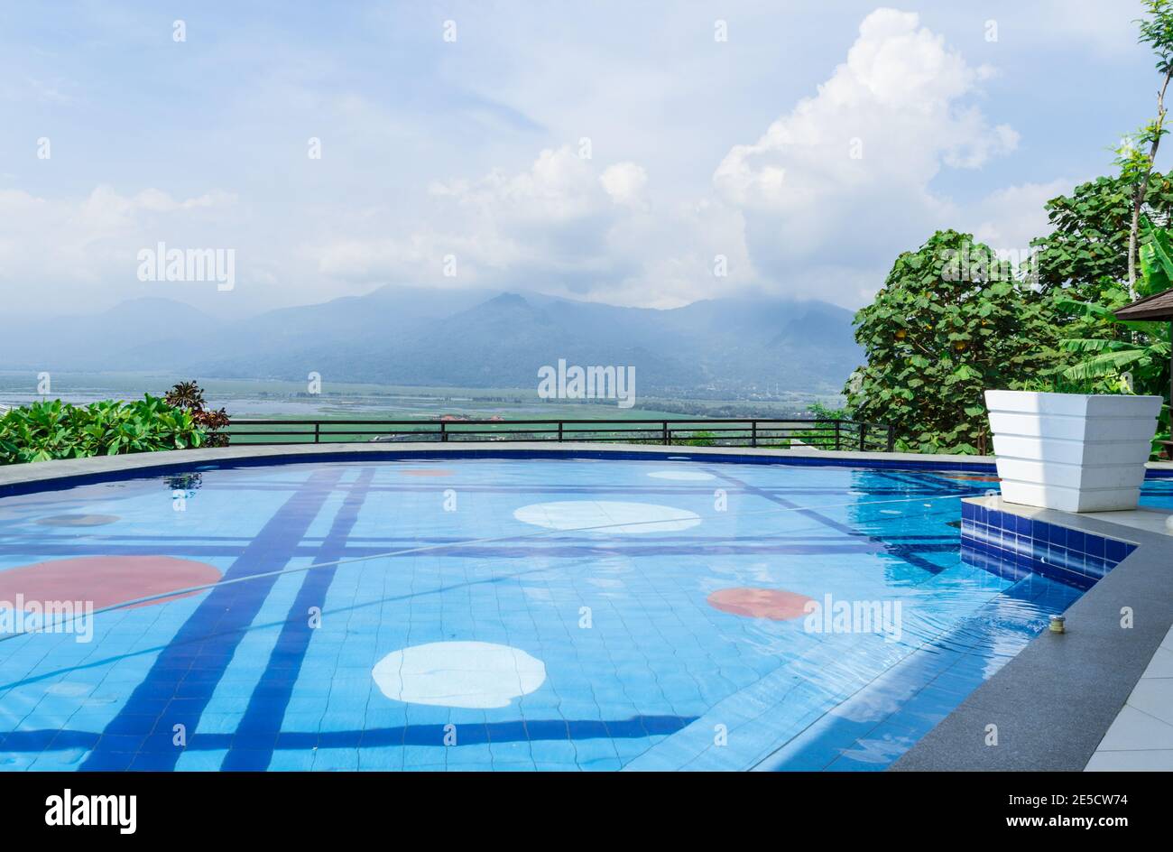 This swimming pool is inside the 'Eling Bening' tourist spot, located in Ambarawa district, Central Java. from there you can see the 'Pening Swamp' Stock Photo