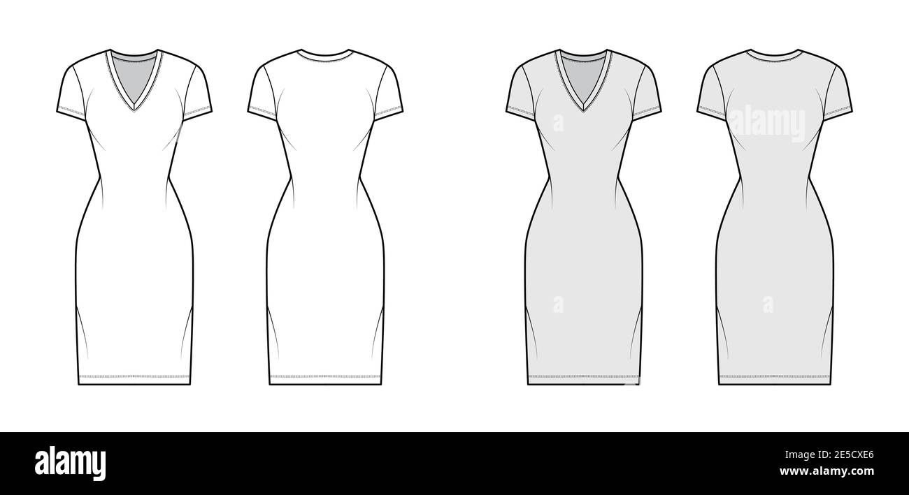 T-shirt dress technical fashion illustration with V-neck, short sleeves, knee length, fitted body, Pencil fullness. Flat apparel template front, back, white, grey color. Women, men, unisex CAD mockup Stock Vector
