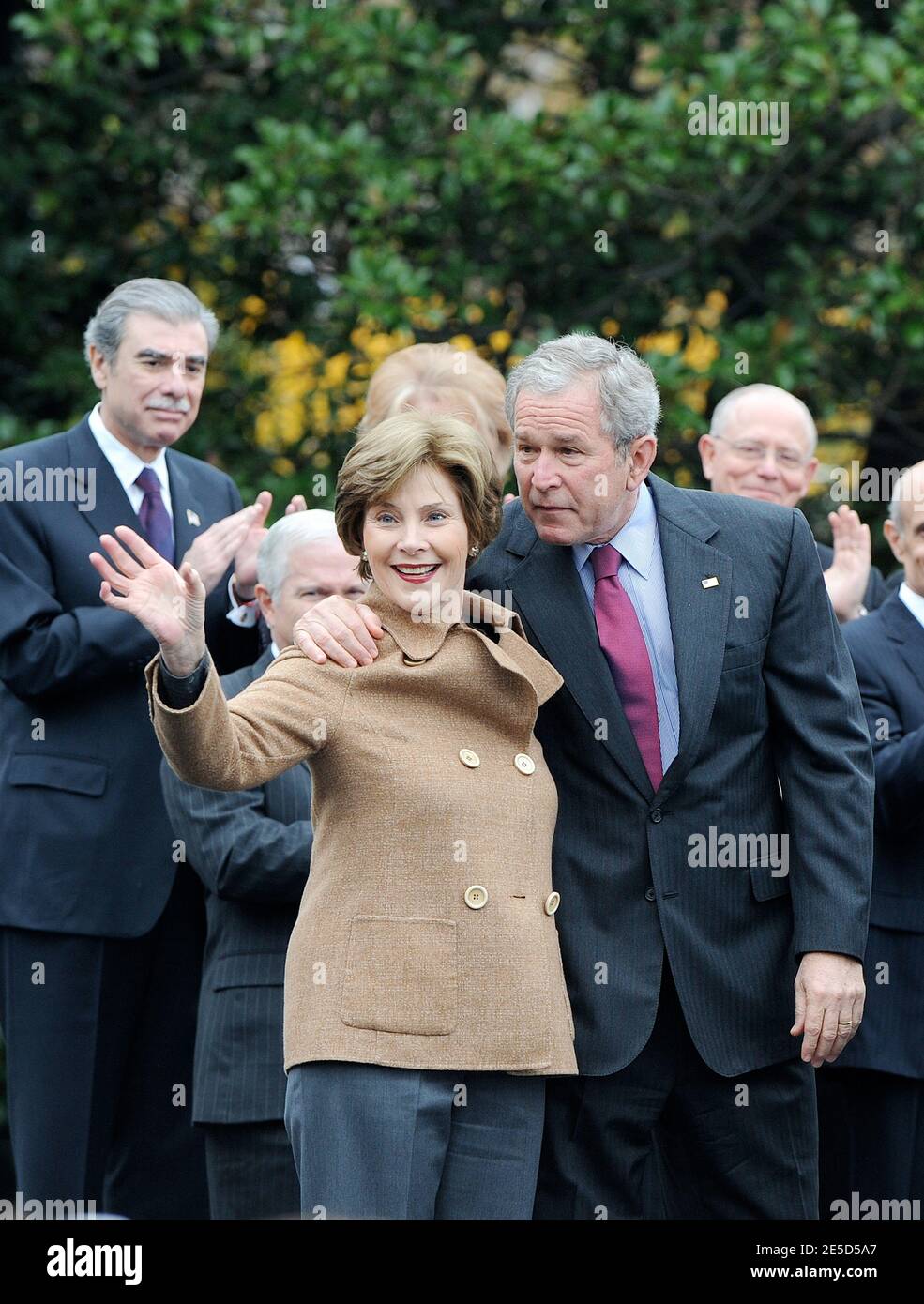 U.S. President George W. Bush and first lady Laura Bush deliver remarks ...