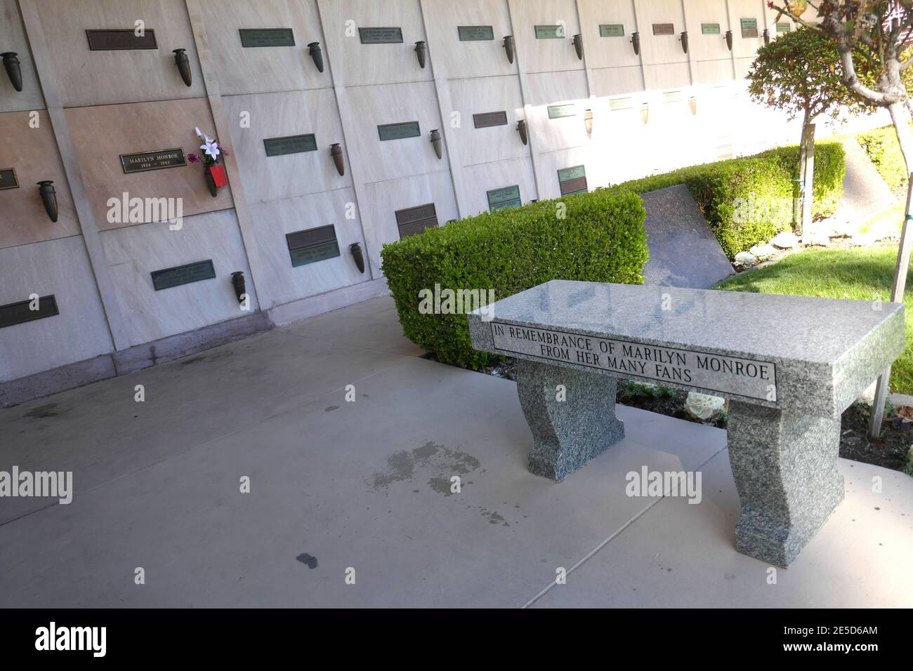 Los Angeles, California, USA 26th January 2021 A general view of atmosphere of actress Marilyn Monroe's grave and bench at Pierce Brothers Westwood Village Memorial Park on January 26, 2021 in Los Angeles, California, USA. Photo by Barry King/Alamy Stock Photo Stock Photo