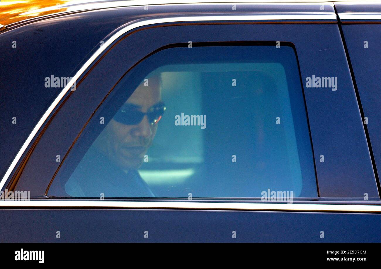 President-elect Barack Obama aboard his presidential limousine, passes by on Pennsylvania Avenue on November 10, 2008 in Washington, DC, USA. Obama and his wife Michelle made their first visit to the White House since him being elected to be the 44th President of the United States of America. Photo by Olivier Douliery/ABACAPRES.SCOM Stock Photo