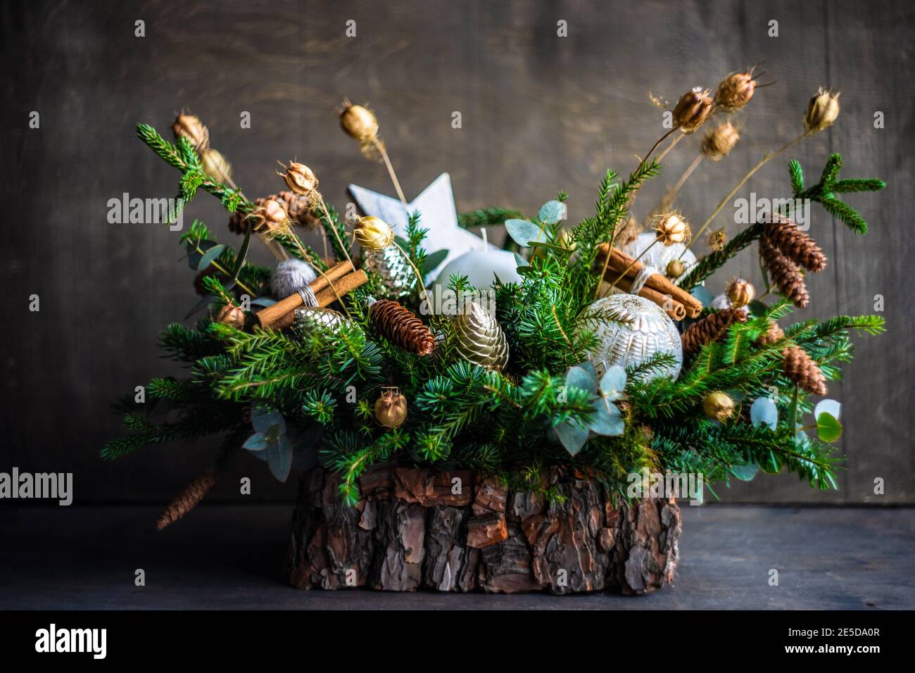 Christmas candle decoration with pine cones and fir branches Stock ...