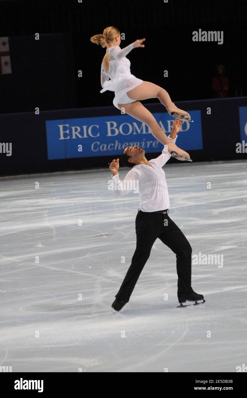 France's Melodie Chataigner and Medhi Bouzzine perform during the pairs  free skating event of the Eric Bompard trophy, the fourth in the six-leg  Grand Prix figure skating series at Paris-Bercy in Paris,