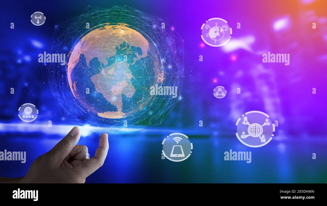 The modern creative telecommunication and internet network connect in smart city. Concept of 5G wireless digital connection and internet of things Stock Photo