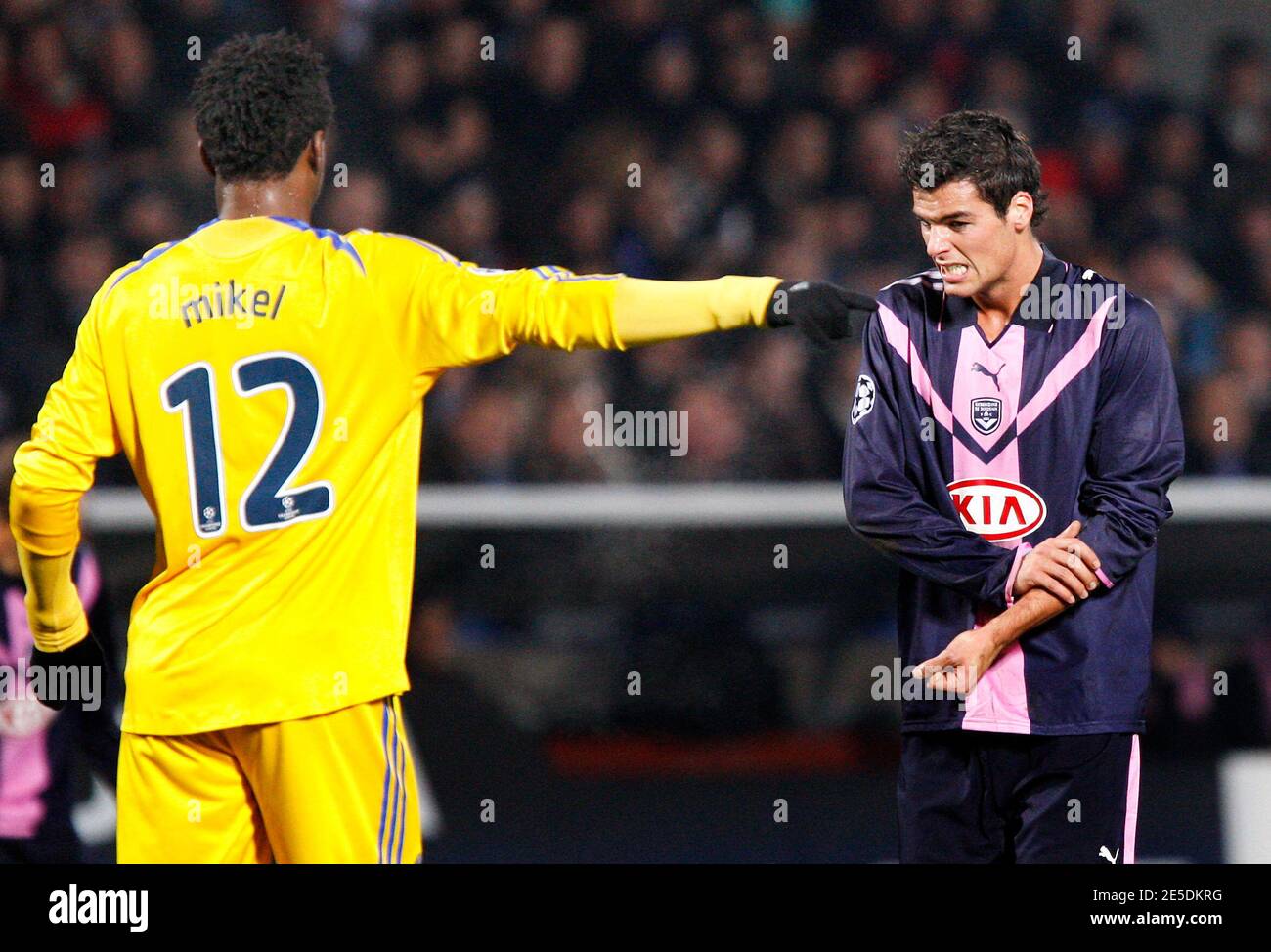 Chelsea's John Mikel Obi and Bordeaux's Yoann Gourcuff during the Champions League soccer match, Girondins de Bordeaux vs Chelsea at the Chaban Delmas stadium in Bordeaux, France on November 26, 2008. The match ended in a 1-1 draw. Photo by Patrick Bernard/Cameleon/ABACAPRESS.COM Stock Photo