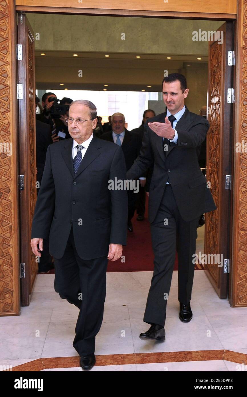 Syrian President Bashar Al Assad (R) receives hands Lebanese Christian opposition leader Michel Aoun at the 'People's Palace' in Damascus, Syria, on December 3, 2008. Aoun, a former opponent to Syria, is on a 3-day 'historic' visit to the country. He insisted that there is a 'major difference between Syria now and Syria of the late president Hafez Al Assad'. Photo by Balkis Press/ABACAPRESS.COM Stock Photo