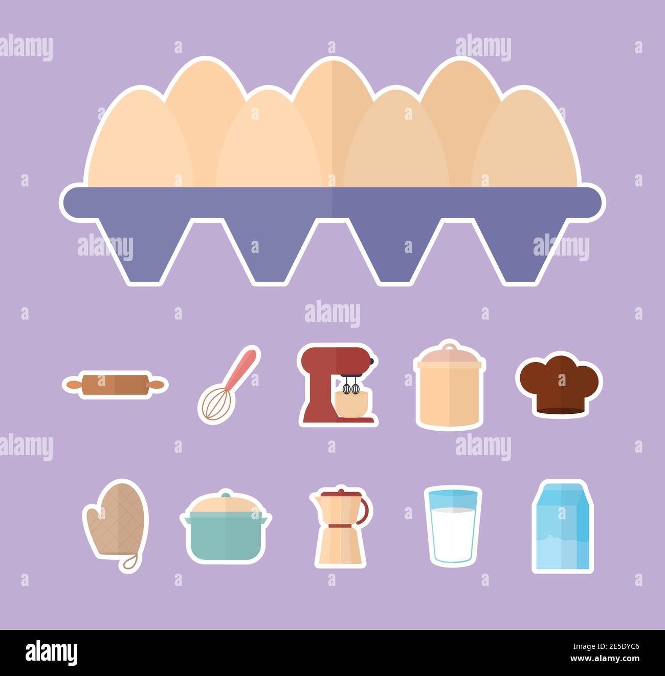 bundle of kitchenware icons on a purple background Stock Vector
