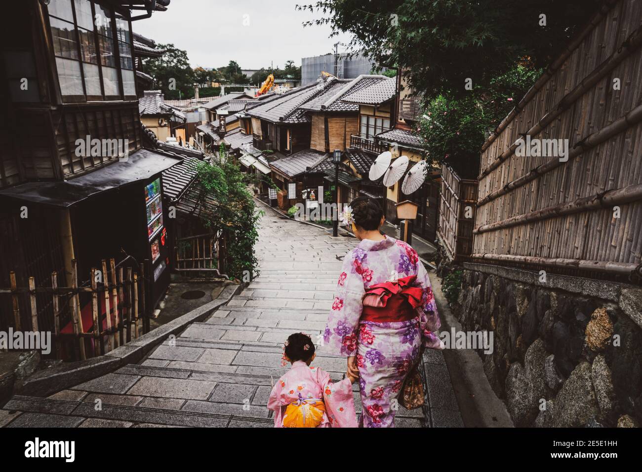 Kyoto, Japan Culture Travel - Asian traveler wearing traditional Japanese kimono walking in Higashiyama district in the old town of Kyoto, Japan. Stock Photo