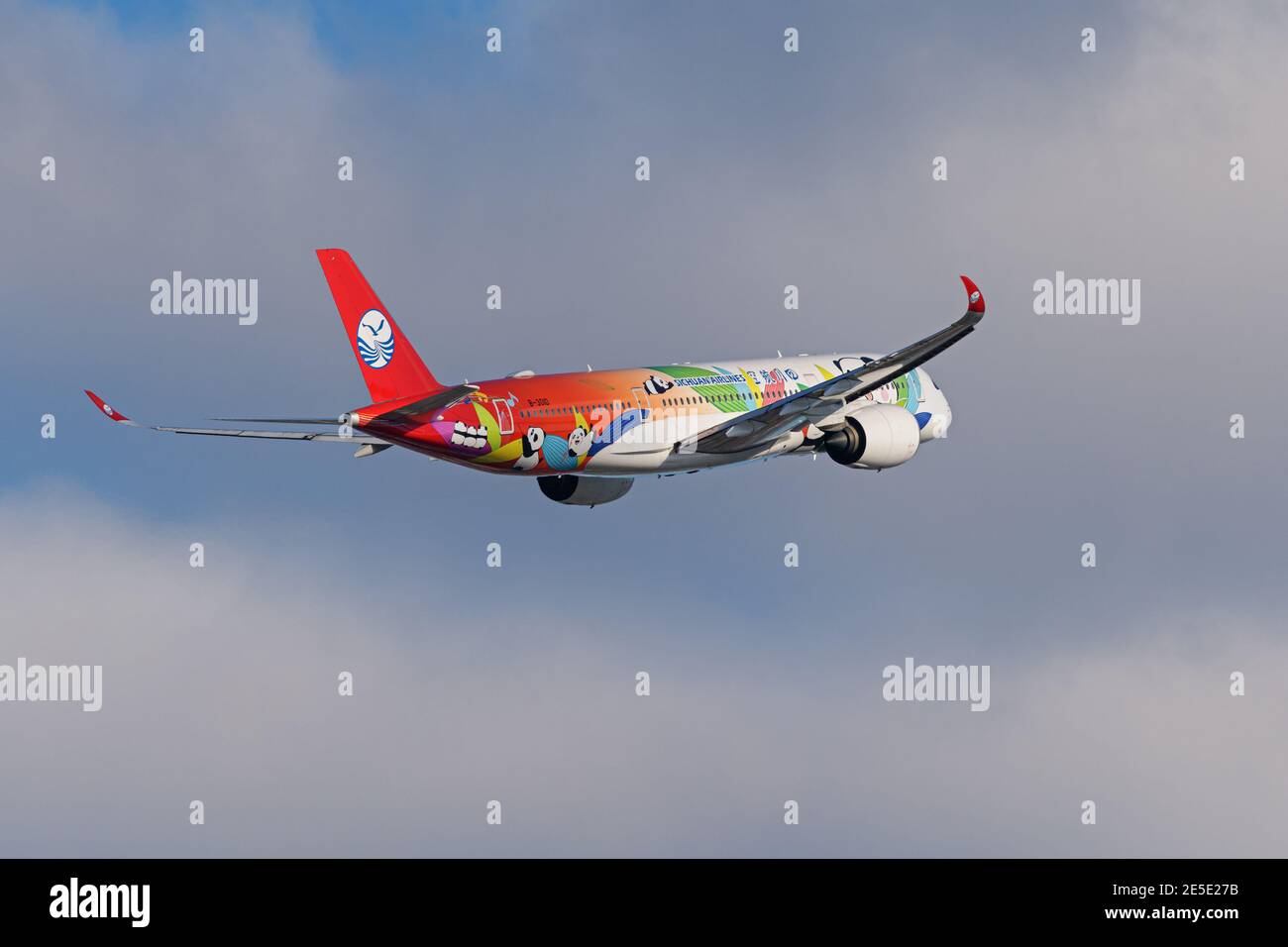 A Sichuan Airlines Airbus A350-900 jetliner (B-301D) painted in special Panda livery, airborne after departure from Vancouver International Airport. Stock Photo