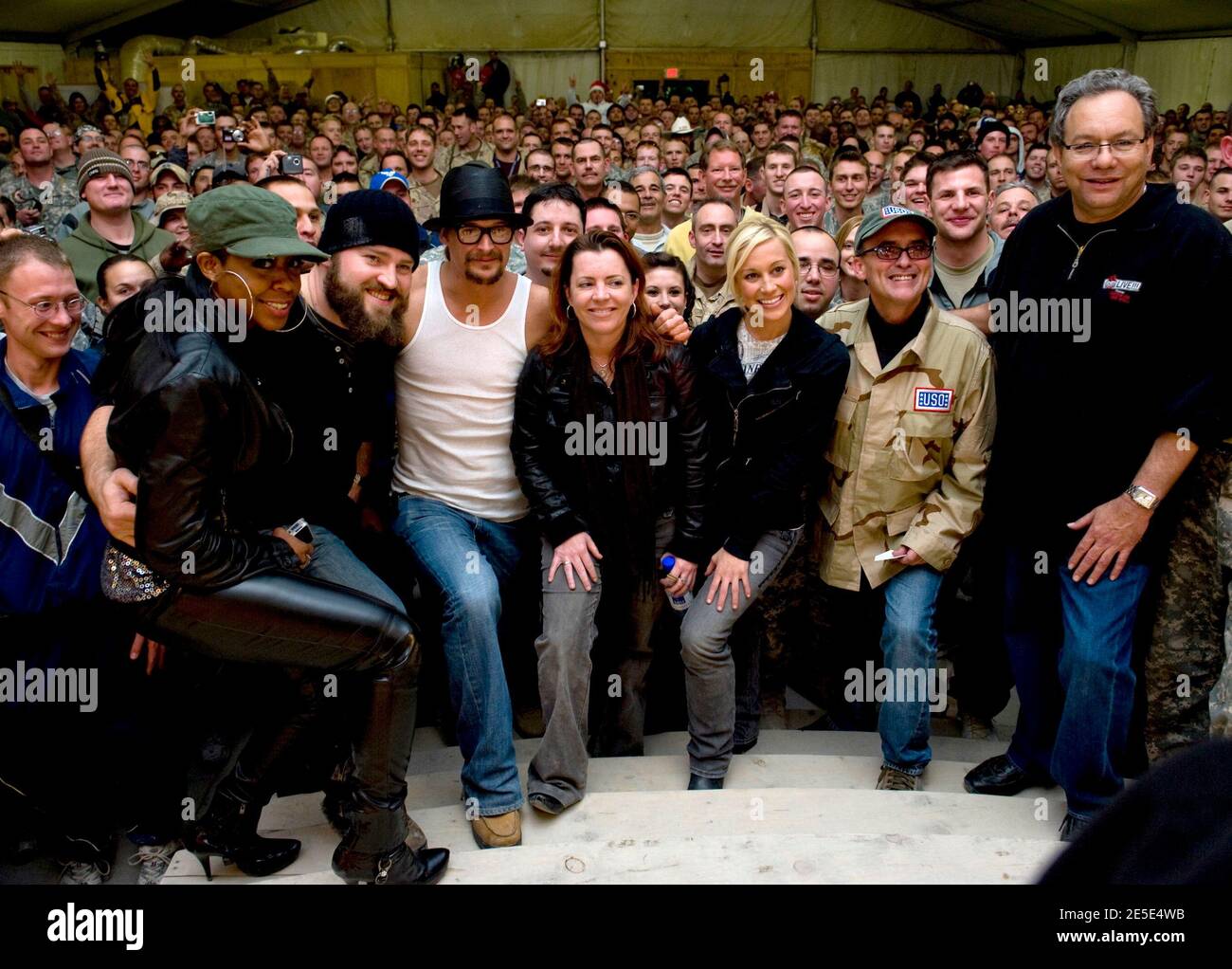 (L-R) Actress Tichina Arnold, Zack Brown, Kid Rock, comedian Kathleen Madigan, American Idol contestant Kellie Pickler and comedians John Bowman and Lewis Black pose for photos with service members after performing at Forward Operating Base Sharana in Kandahar, Afghanistan on December 17, 2008, during the 2008 USO Holiday Tour. Photo by Chad J. McNeeley/DOD/ABACAPRESS.COM Stock Photo