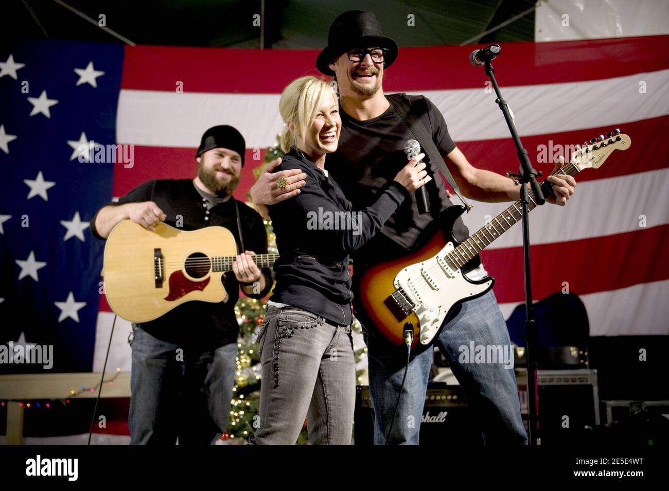 (L-R) Zack Brown, American Idol contestan Kellie Pickler and Kid Rock entertain the troops at Bagram Air Base in Kandahar, Afghanistan on December 17, 2008, during the 2008 USO Holiday Tour. Photo by Chad J. McNeeley/DOD/ABACAPRESS.COM Stock Photo