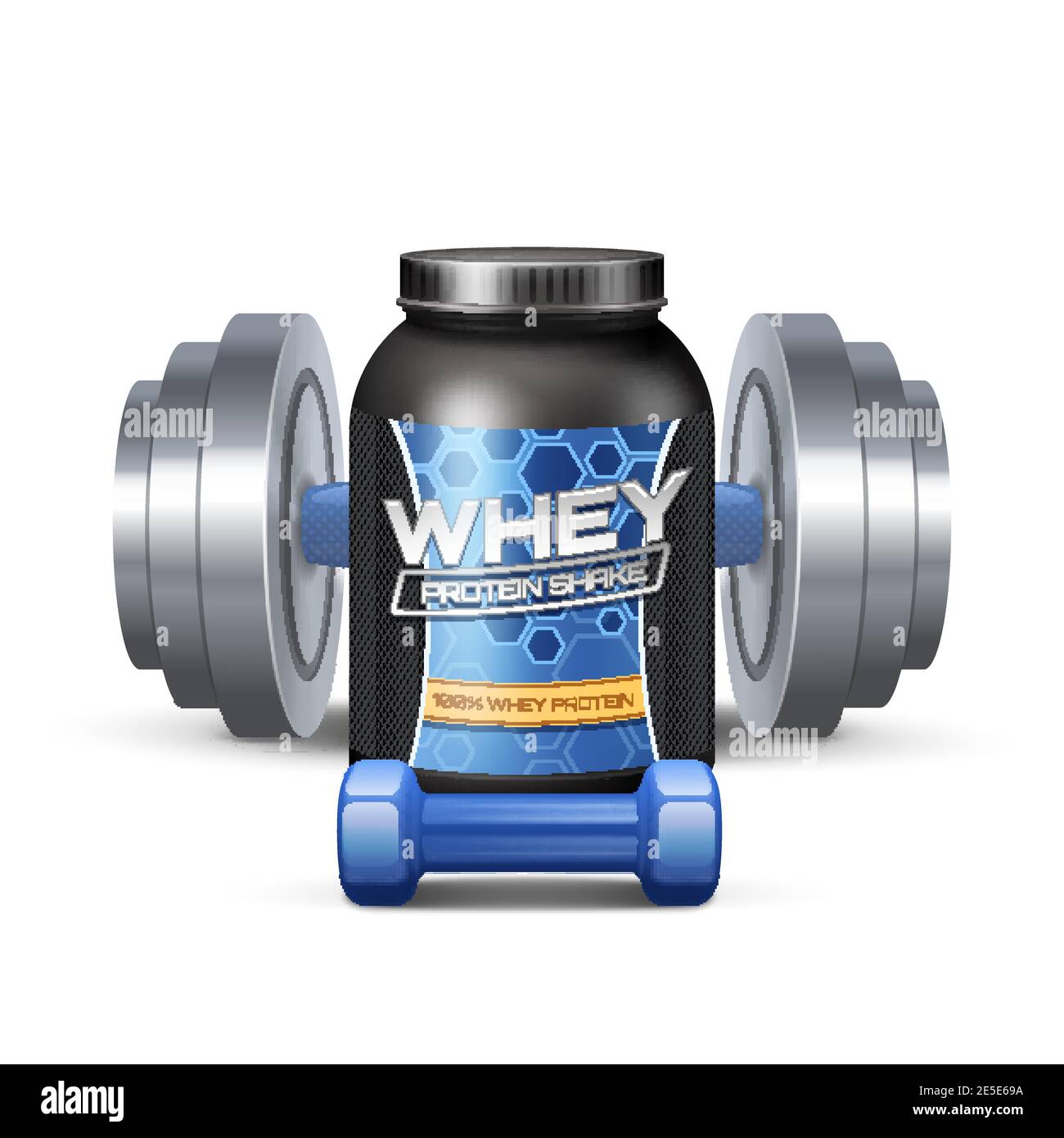 Sport nutrition containers and dumbbells realistic fitness supplies set