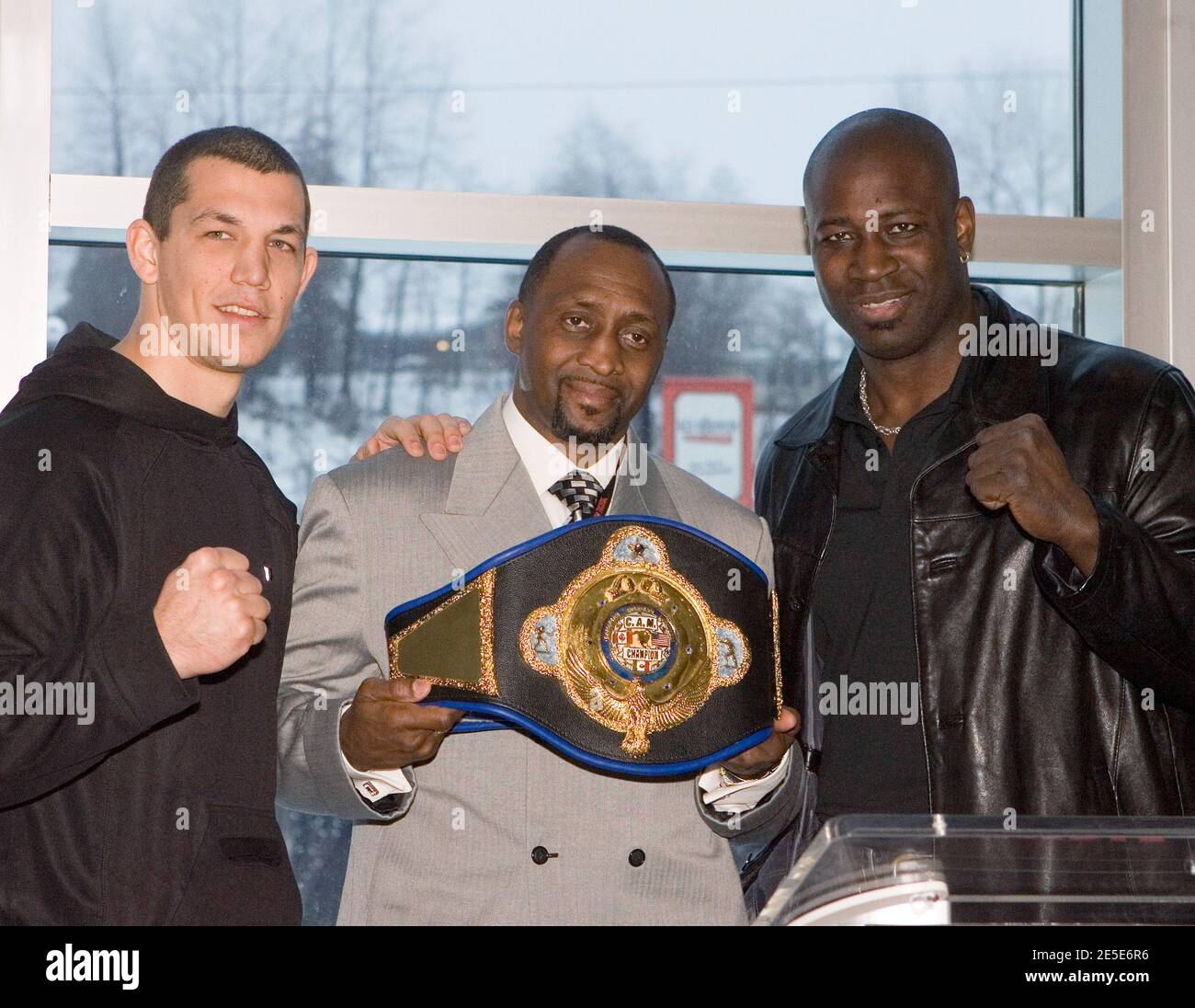 Former boxing Champion Thomas 'Hitman' Hearns holds up the CAM heavyweight  belt at the 'Rumble at the Red' press conference and weigh-in for a series  of evening boxing matches headlined by a