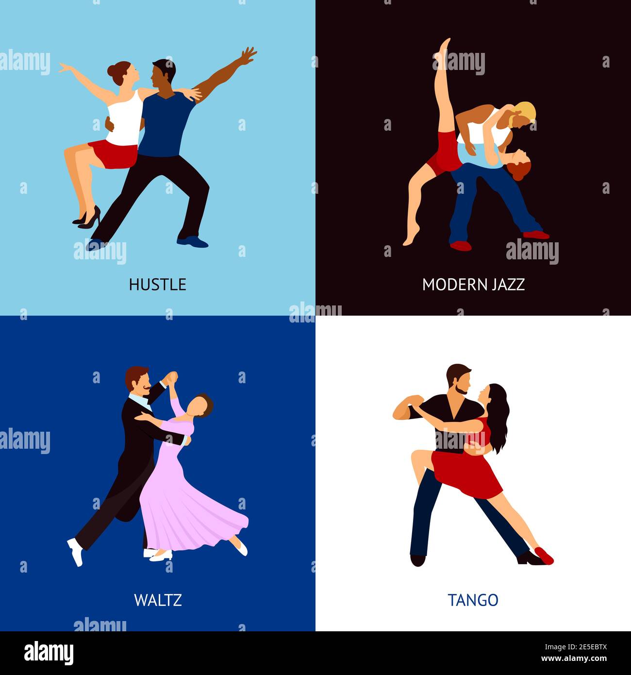 Dancing people design concept set with hustle modern jazz waltz and tango styles flat icons isolated vector illustration Stock Vector