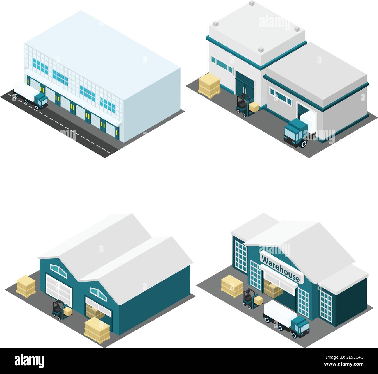 Warehouse building isometric icons set with truck boxes and road isolated vector illustration