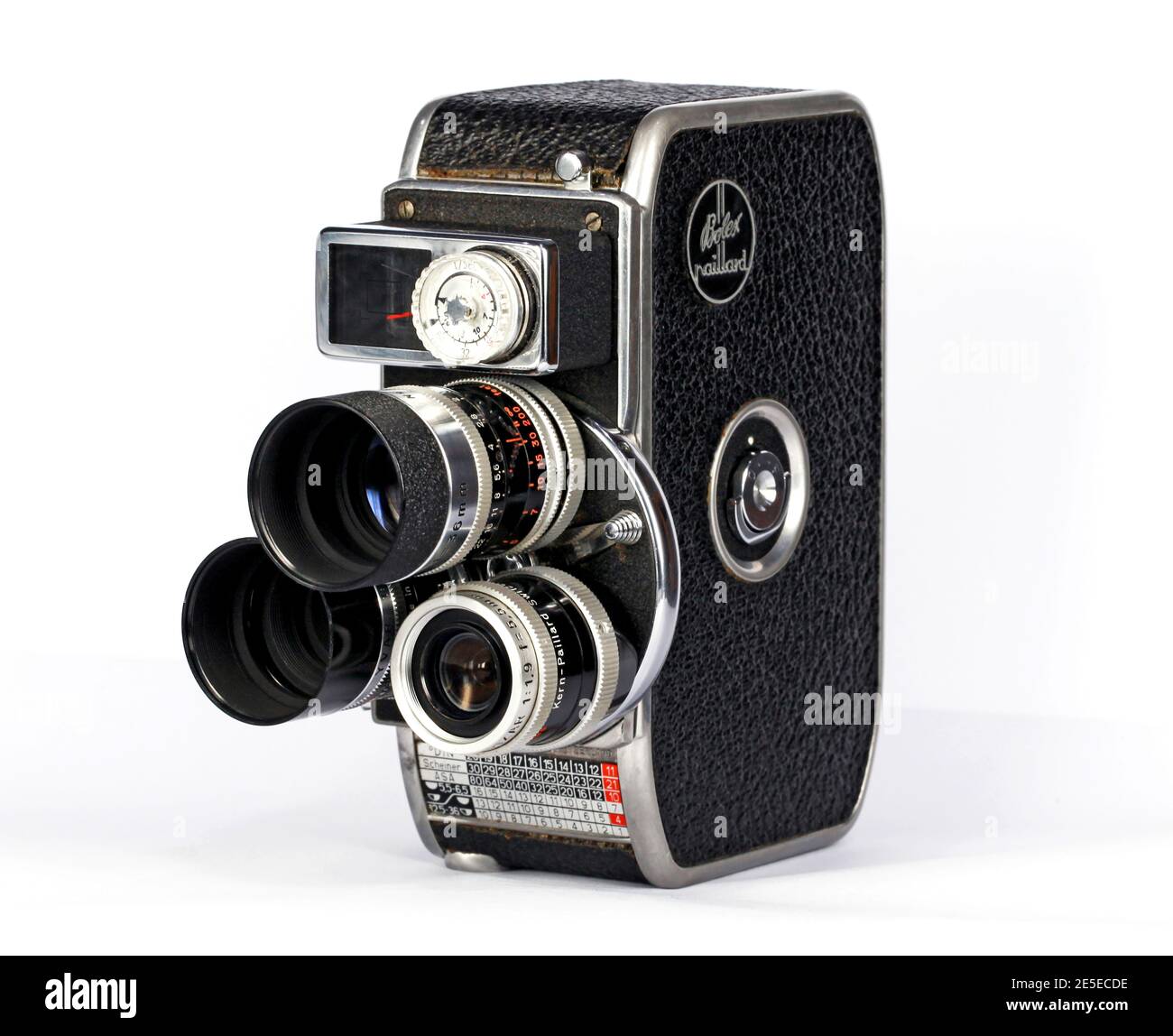 A vintage Swiss Bolex Paillard D8L Double 8mm cine camera from 1958 with three lenses. Stock Photo