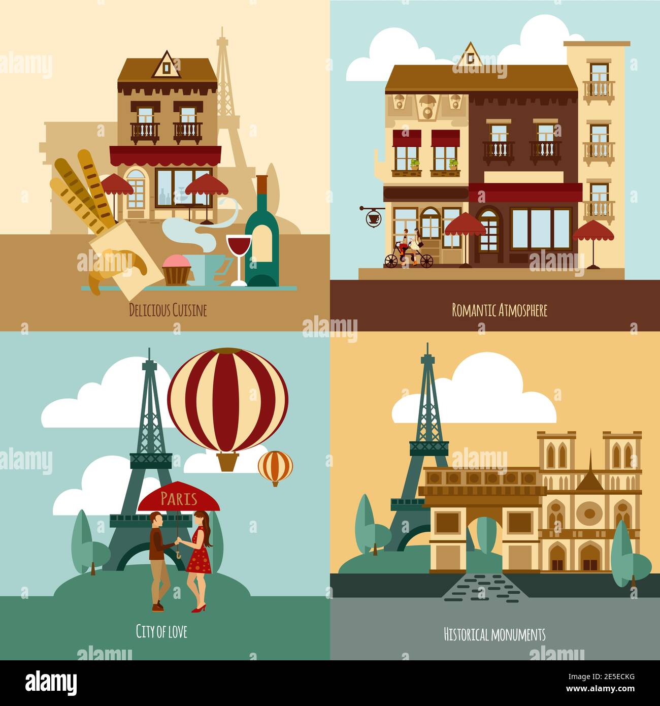 Paris touristic set with delicious cuisine and historical landmarks flat icons isolated vector illustration Stock Vector