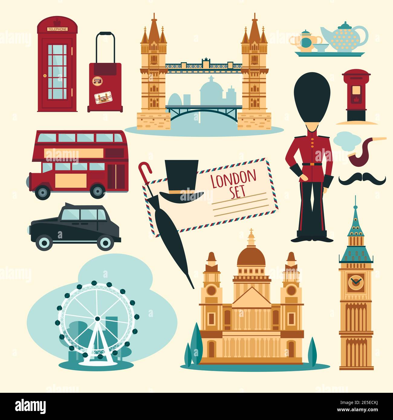 London touristic set with flat telephone booth tower bridge and cab isolated vector illustration Stock Vector