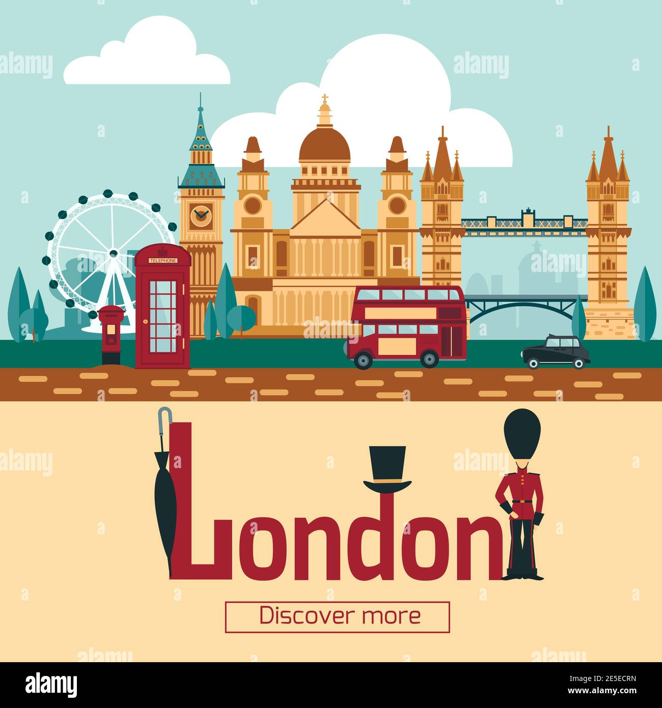 London touristic poster with famous landmarks and symbols flat vector illustration Stock Vector