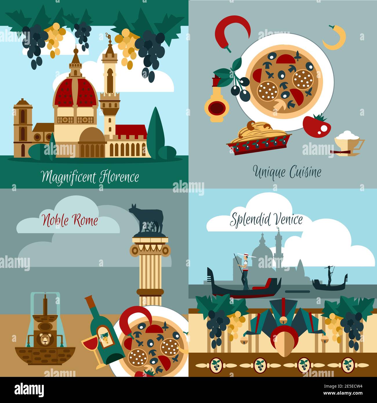Italy touristic design concept set with italian towns flat icons isolated vector illustration Stock Vector
