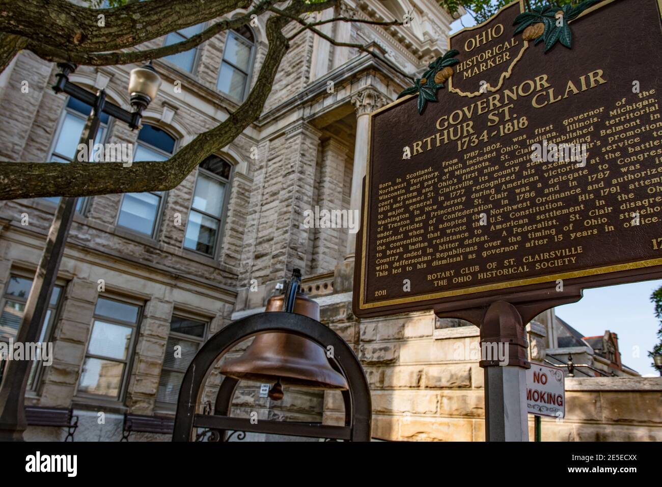 St. Clairsville, Ohio/USA-June 7, 2018: Historical marker outside of the Belmont County Courthouse commemorating Governor Arthur St. Clair with the be Stock Photo