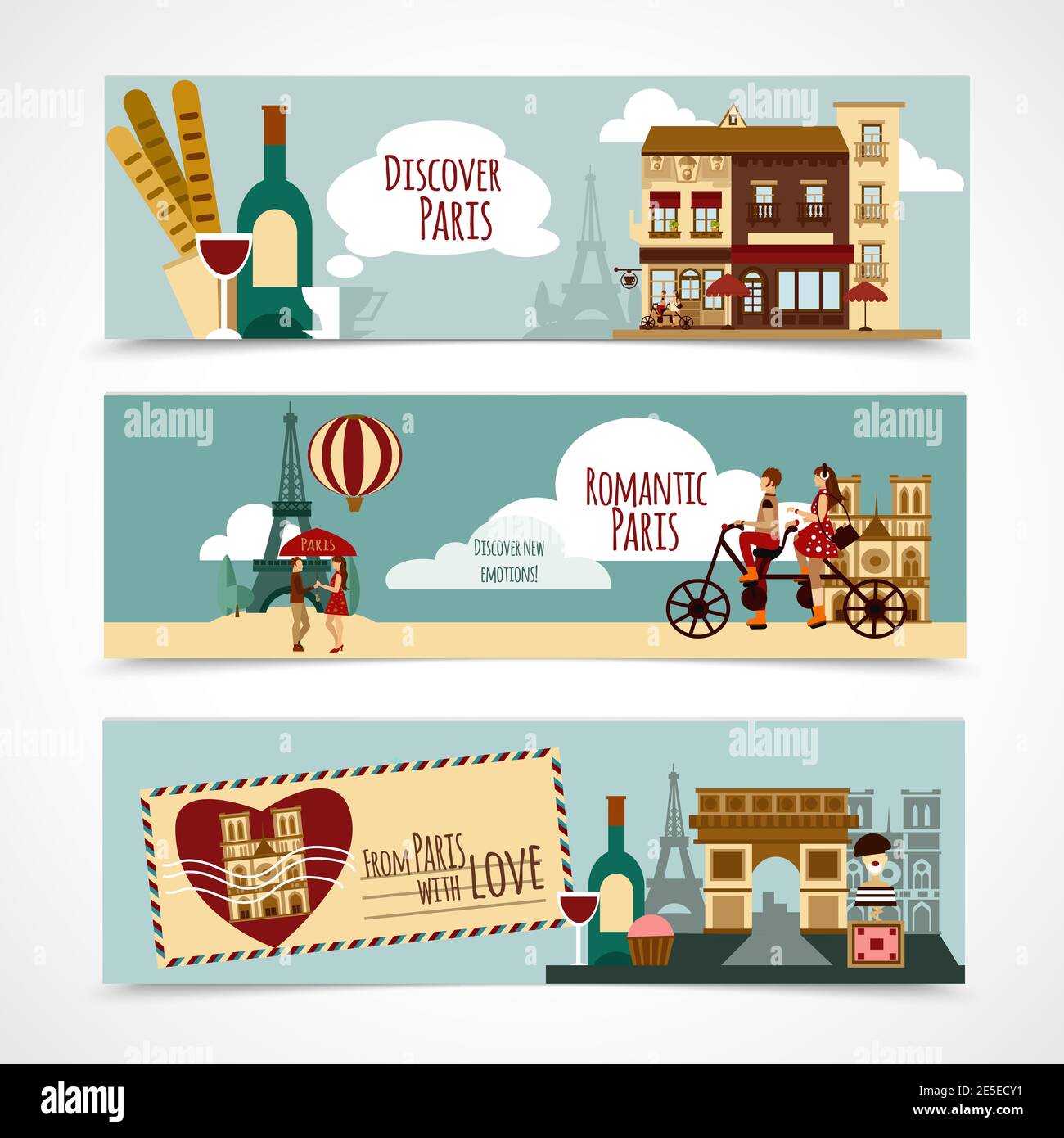Paris horizontal banner set with touristic elements isolated vector illustration Stock Vector