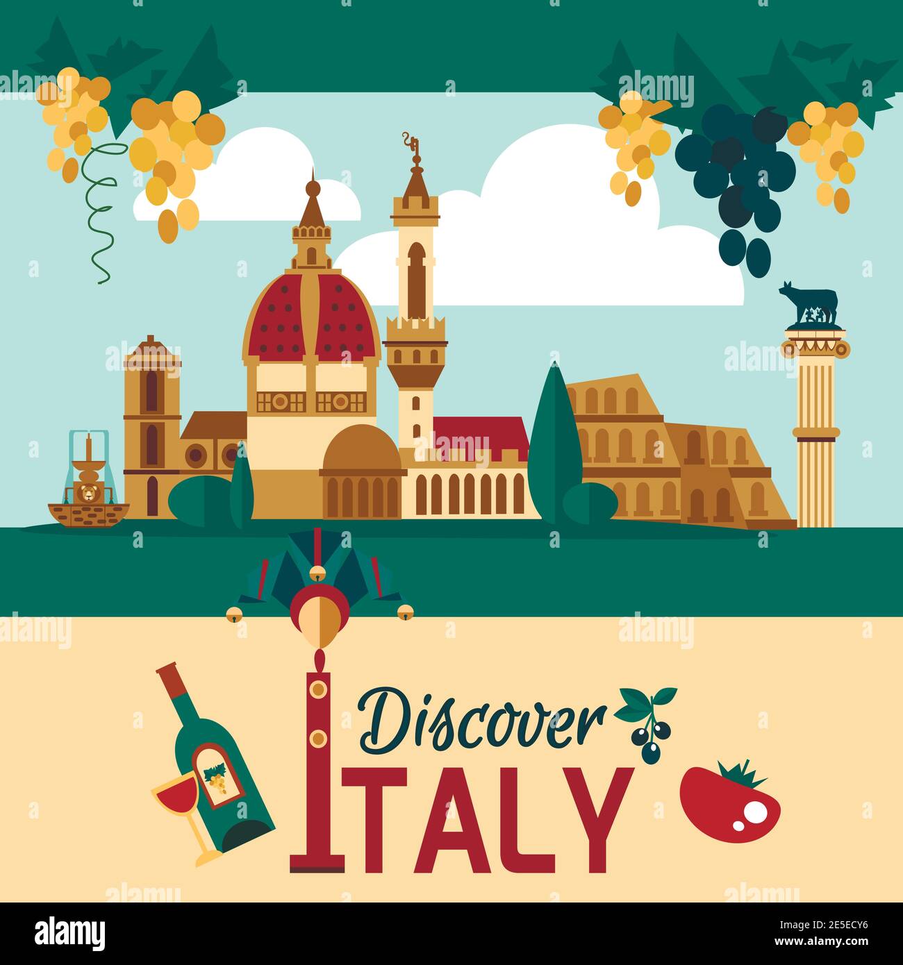Italy touristic poster with historical landmarks and food symbols vector illustration Stock Vector