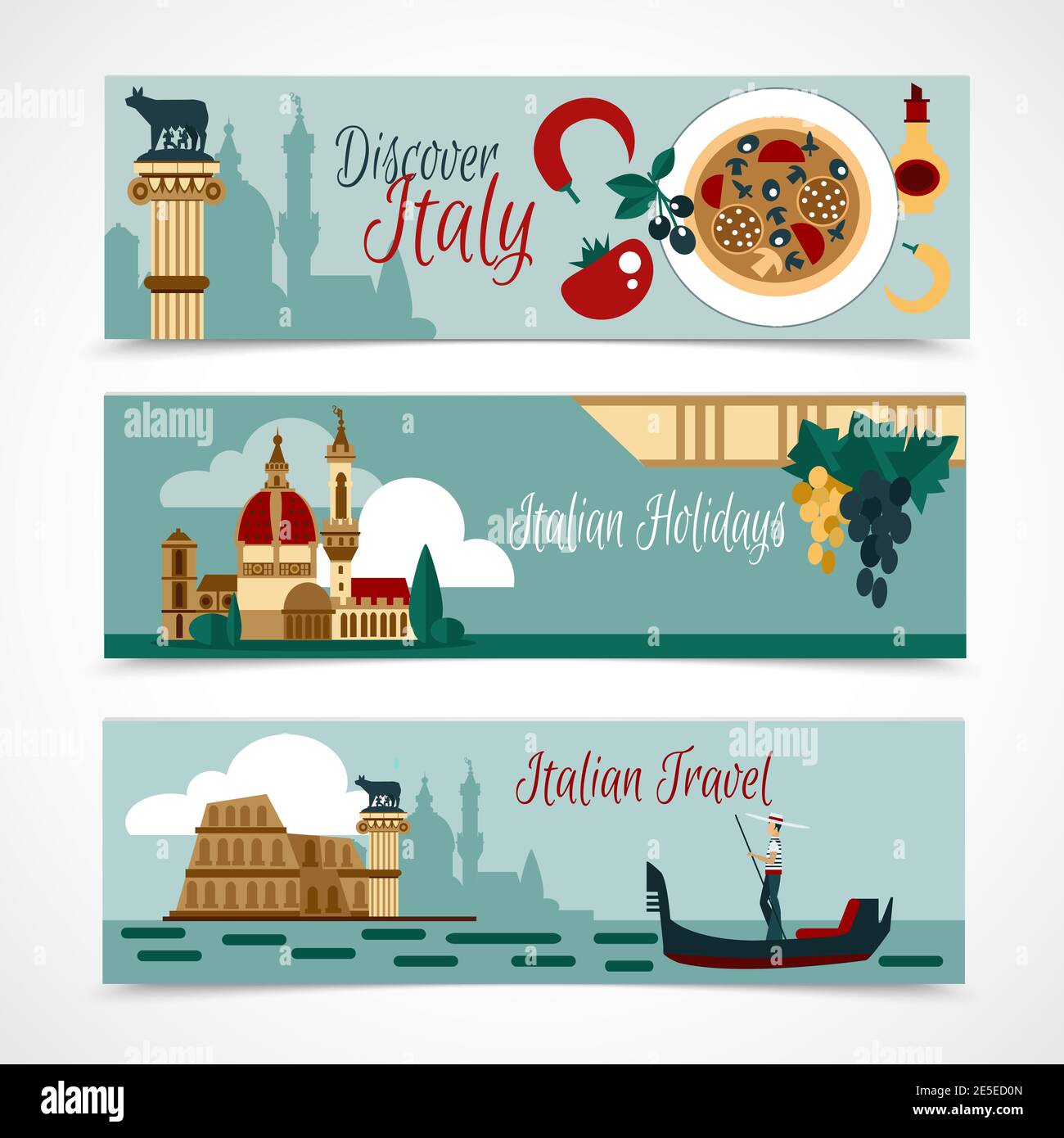 Italy horizontal banner set with touristic landmarks isolated vector illustration Stock Vector