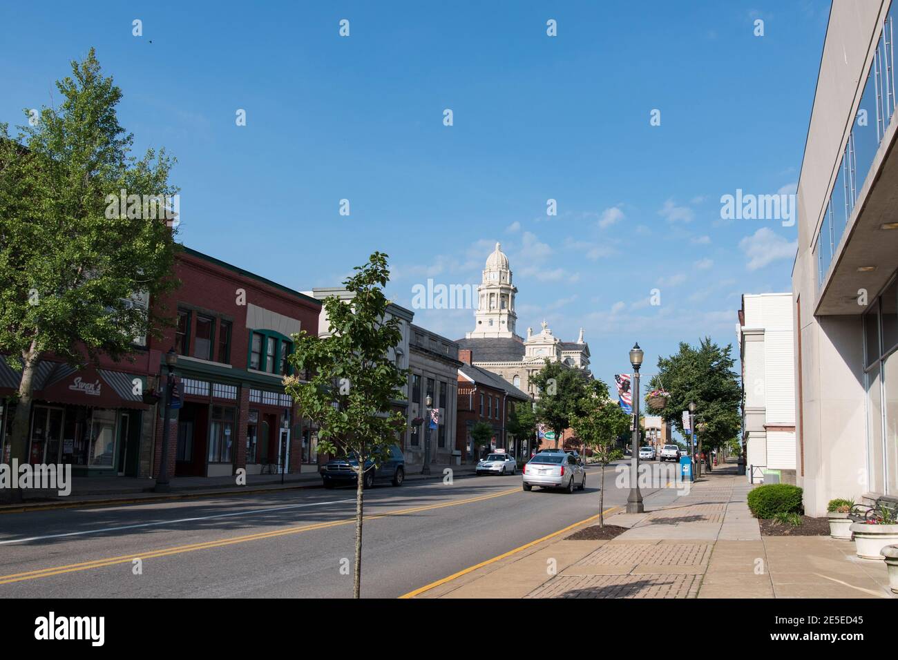 St. Clairsville, Ohio/USA-June 7, 2018: Historic Main Street in St. Clairsville with the Belmont County Courthouse visible in the distance. Stock Photo