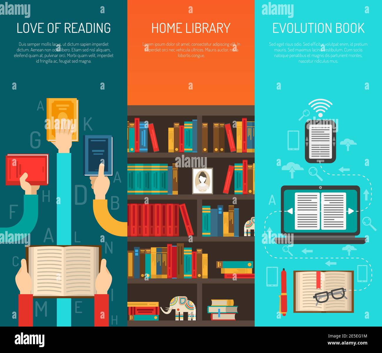 Home library evolution with e-books online reading 3 flat long hands vertical banners set isolated vector illustration Stock Vector