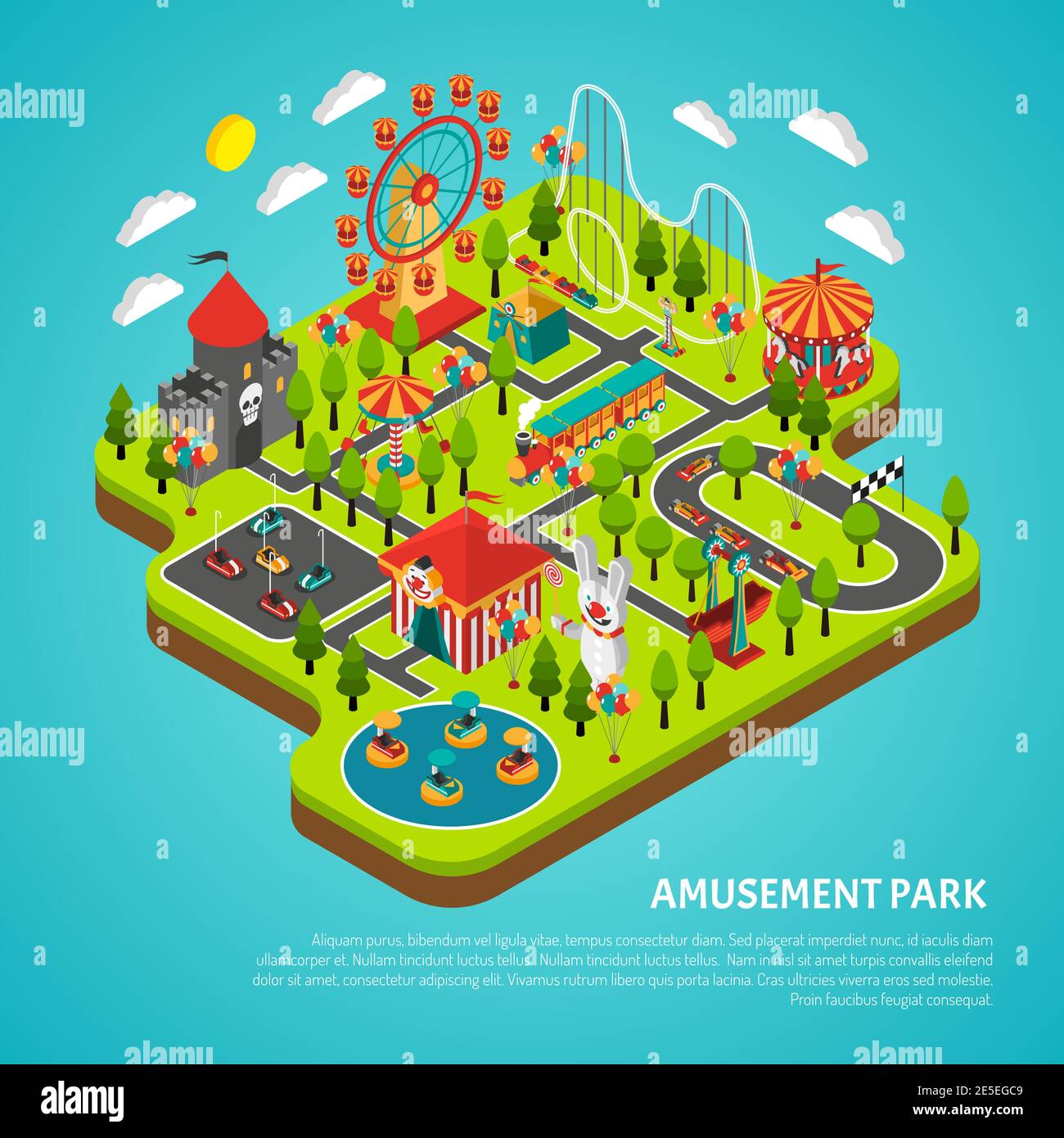 Amusement park fairground with big ferris observation wheel and bumper ...
