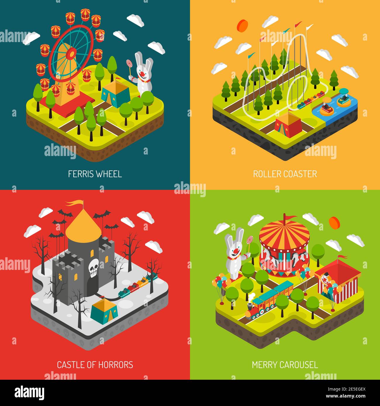Amusement part 4 isometric icons square composition banner with big ...
