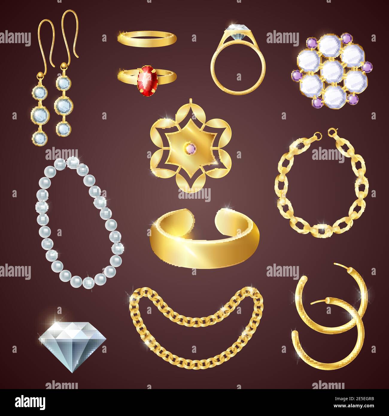 Jewelry realistic set with earrings bracelet and rings isolated vector