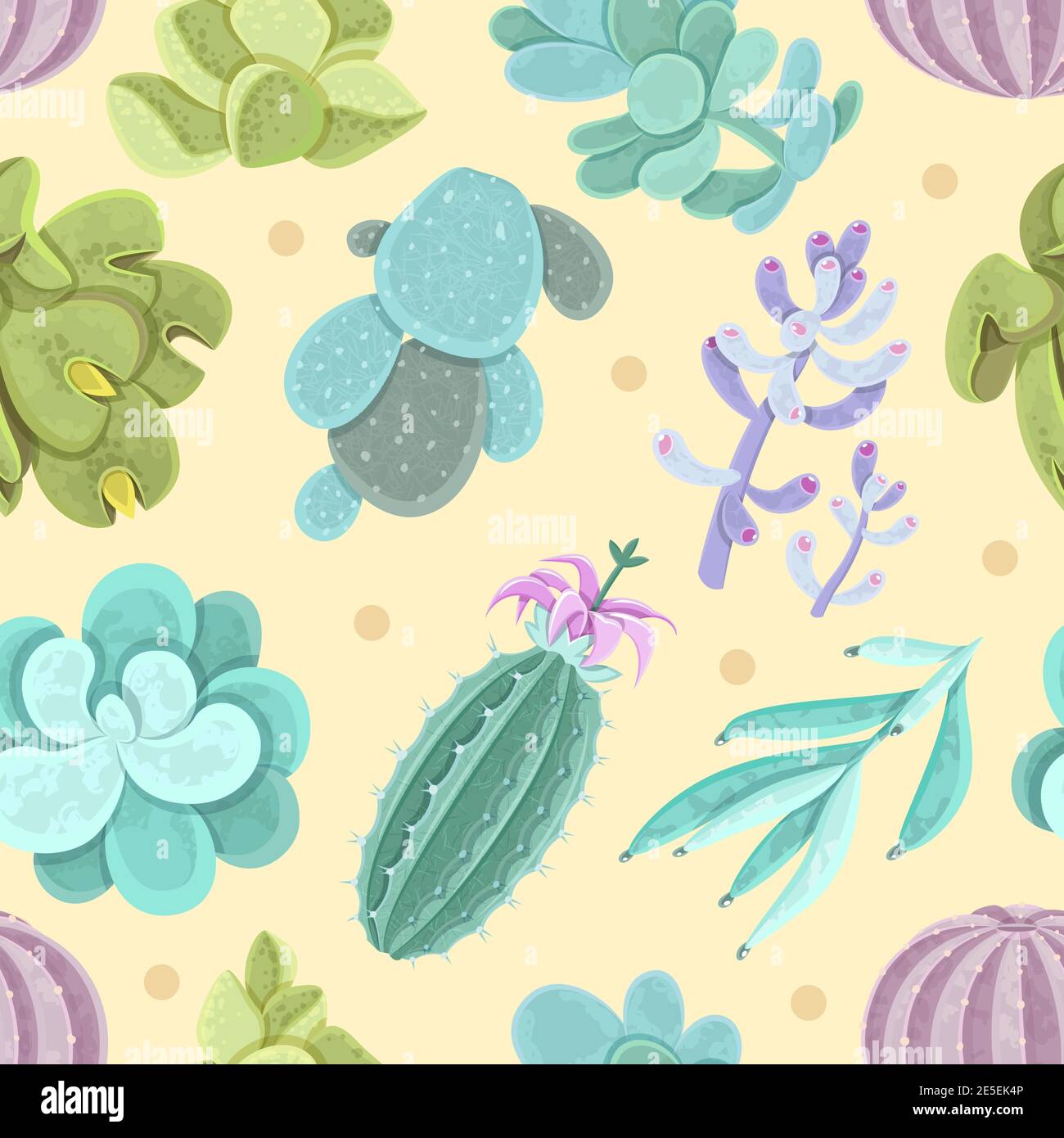 Cactus and other succulents seamless pattern for decoration on yellow background flat vector illustration Stock Vector