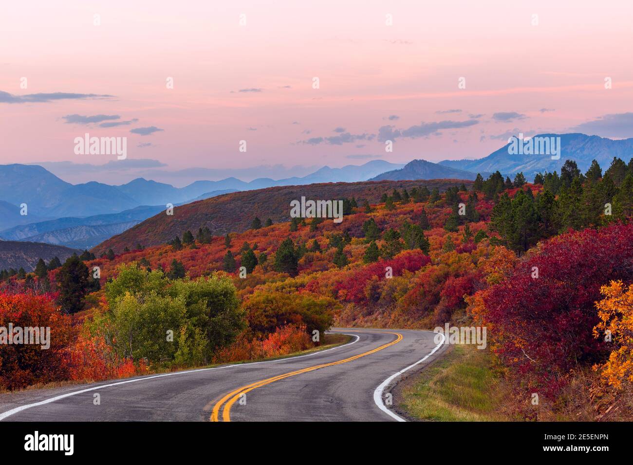 Winding mountain road through a scenic autumn landscape in the West Elk Mountains near Gunnison, Colorado, USA. Stock Photo