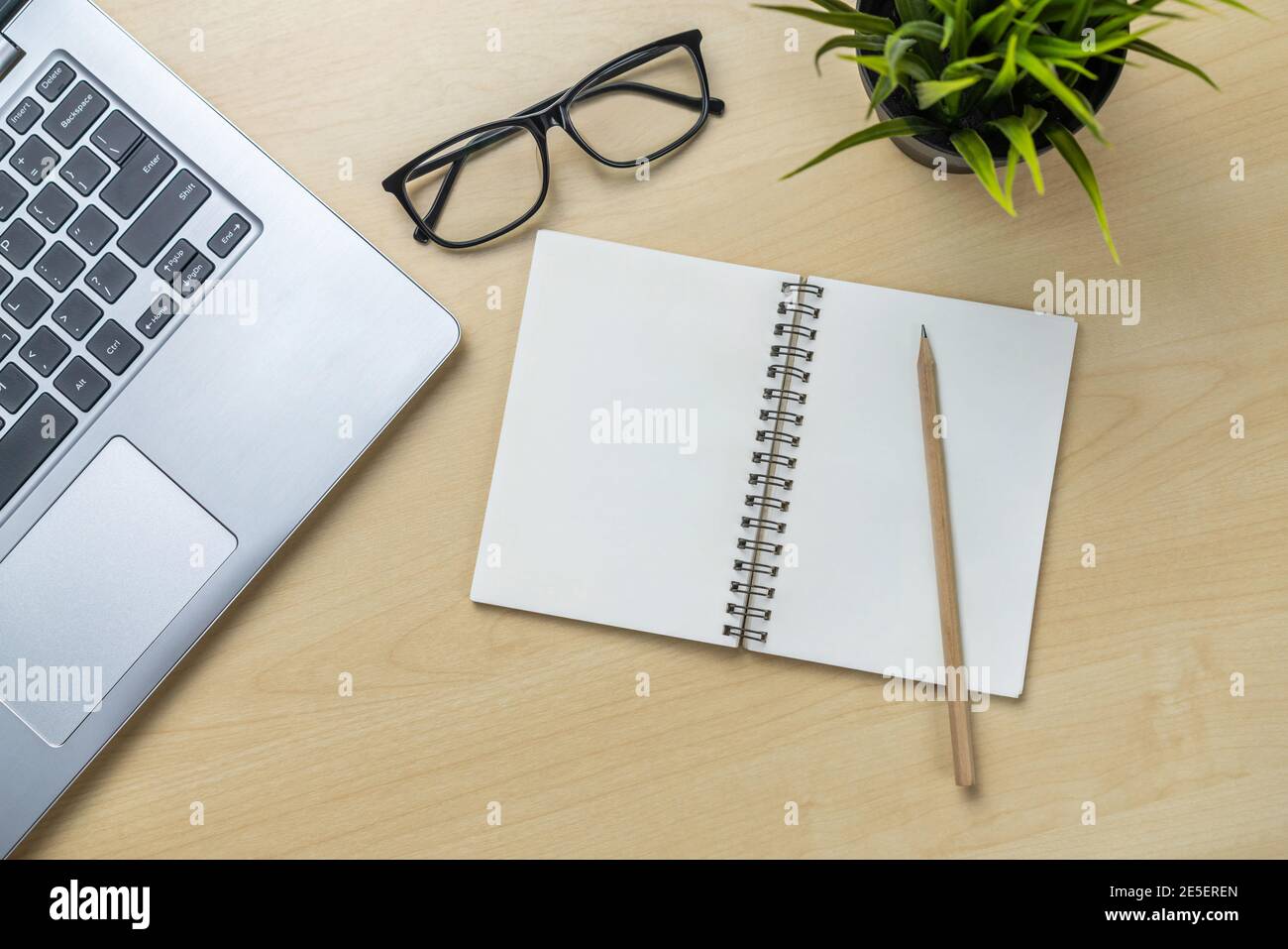 Office desk workspace and table background from top view above flat lay