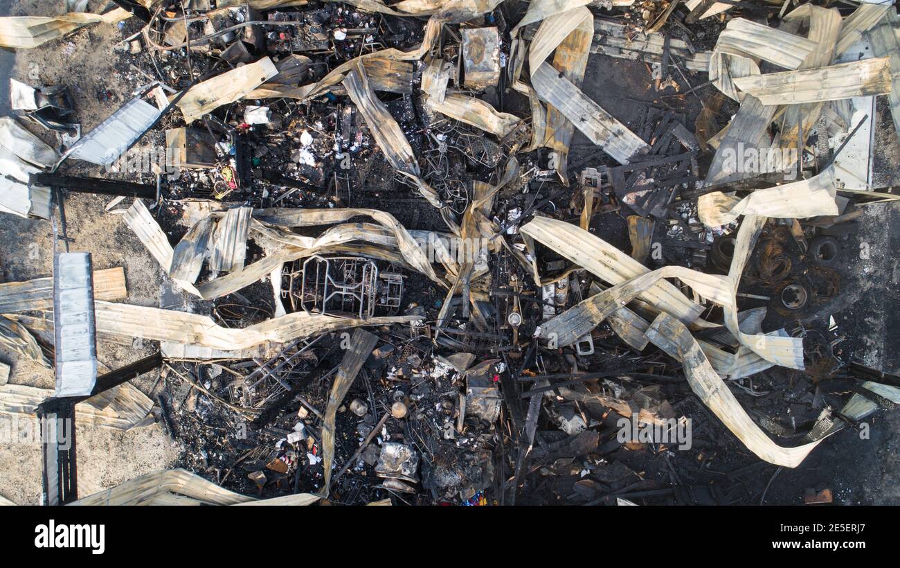 aerial view looking down of a burned building Stock Photo