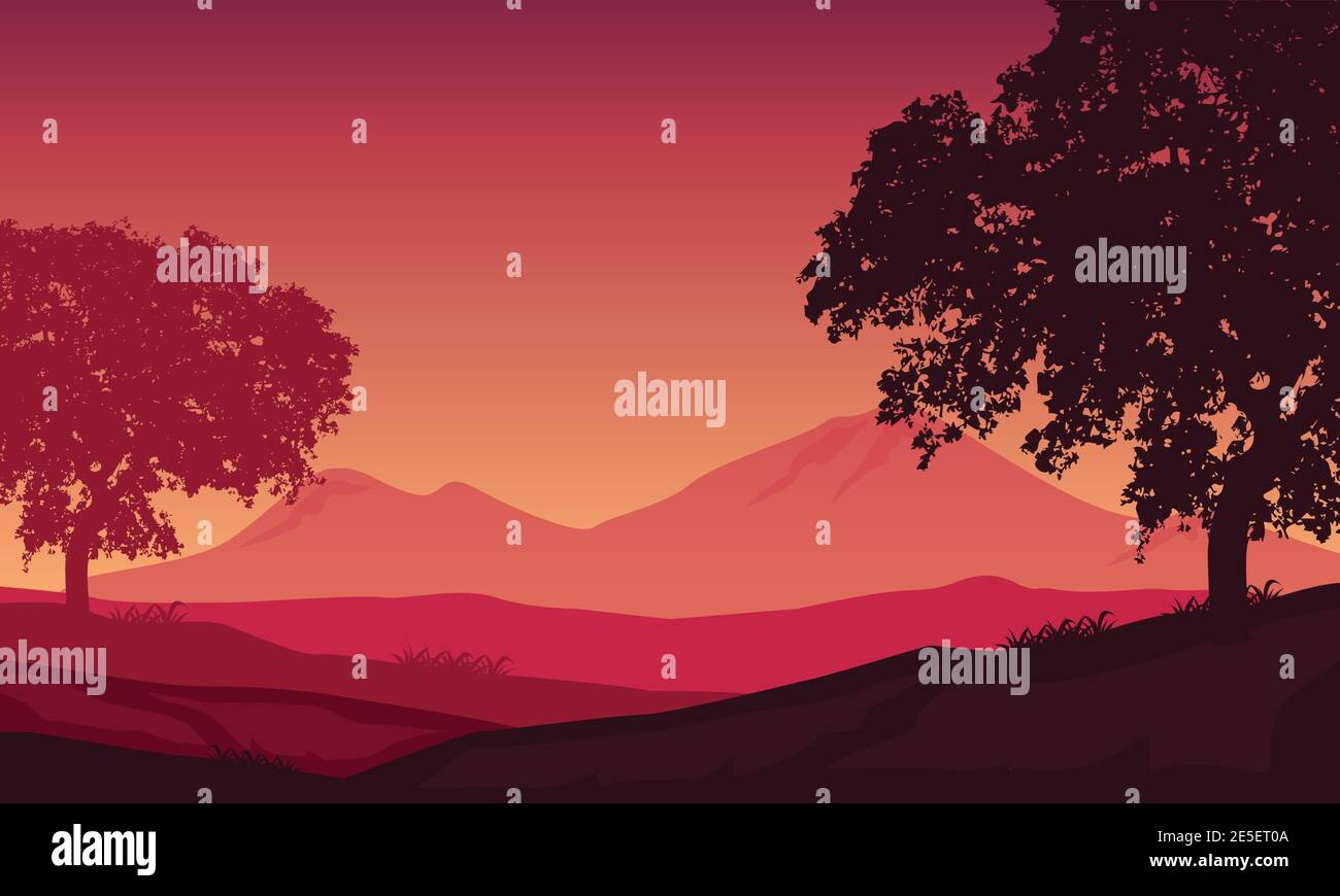 Realistic scenery of mountain landscape with silhouettes of trees ...