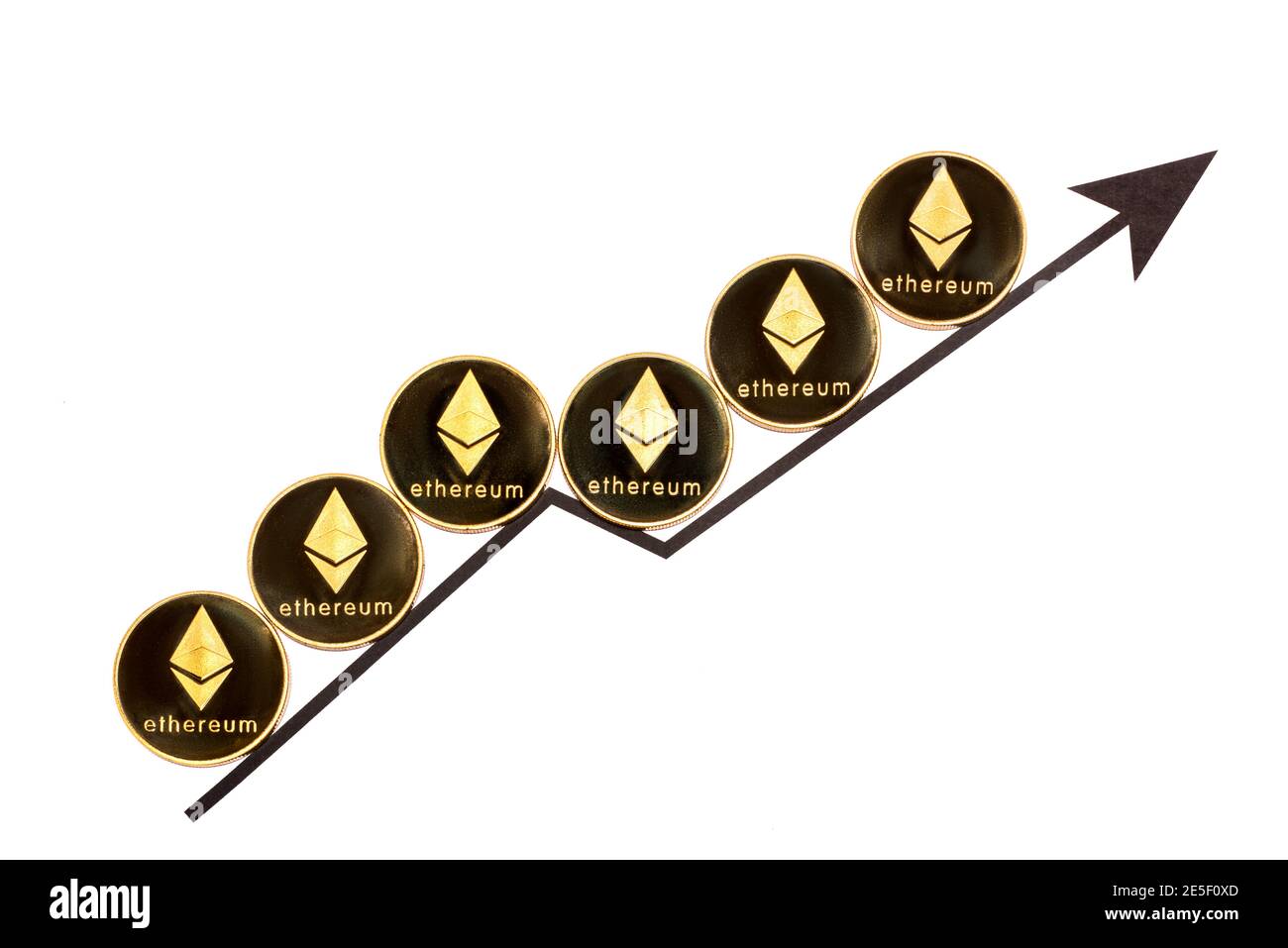 Ethereum coins on an arrow going up on a white background Stock Photo -  Alamy