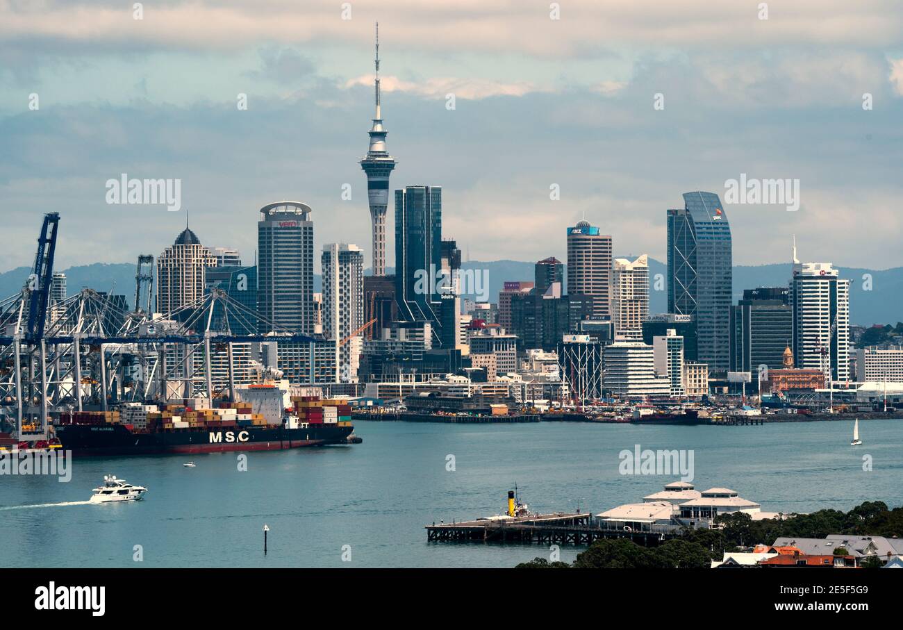 January 2021 view of Auckland's  central business district and Port of Auckland. In the foreground is the Devonport ferry terminal. Rob Taggart/Alamy Stock Photo
