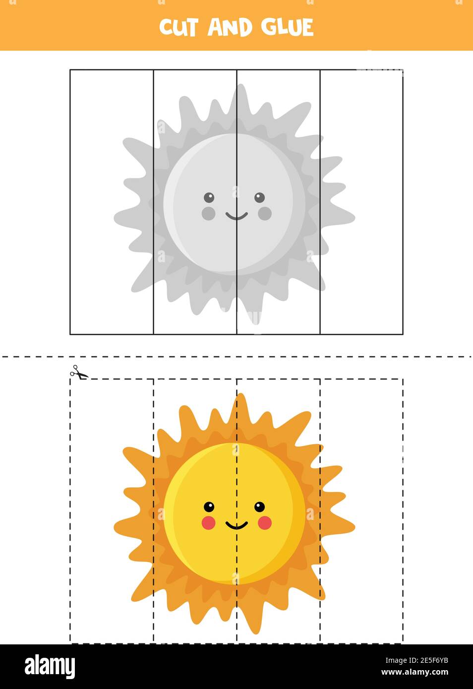 Cut and glue game for kids. Cartoon Sun. Cutting practice for