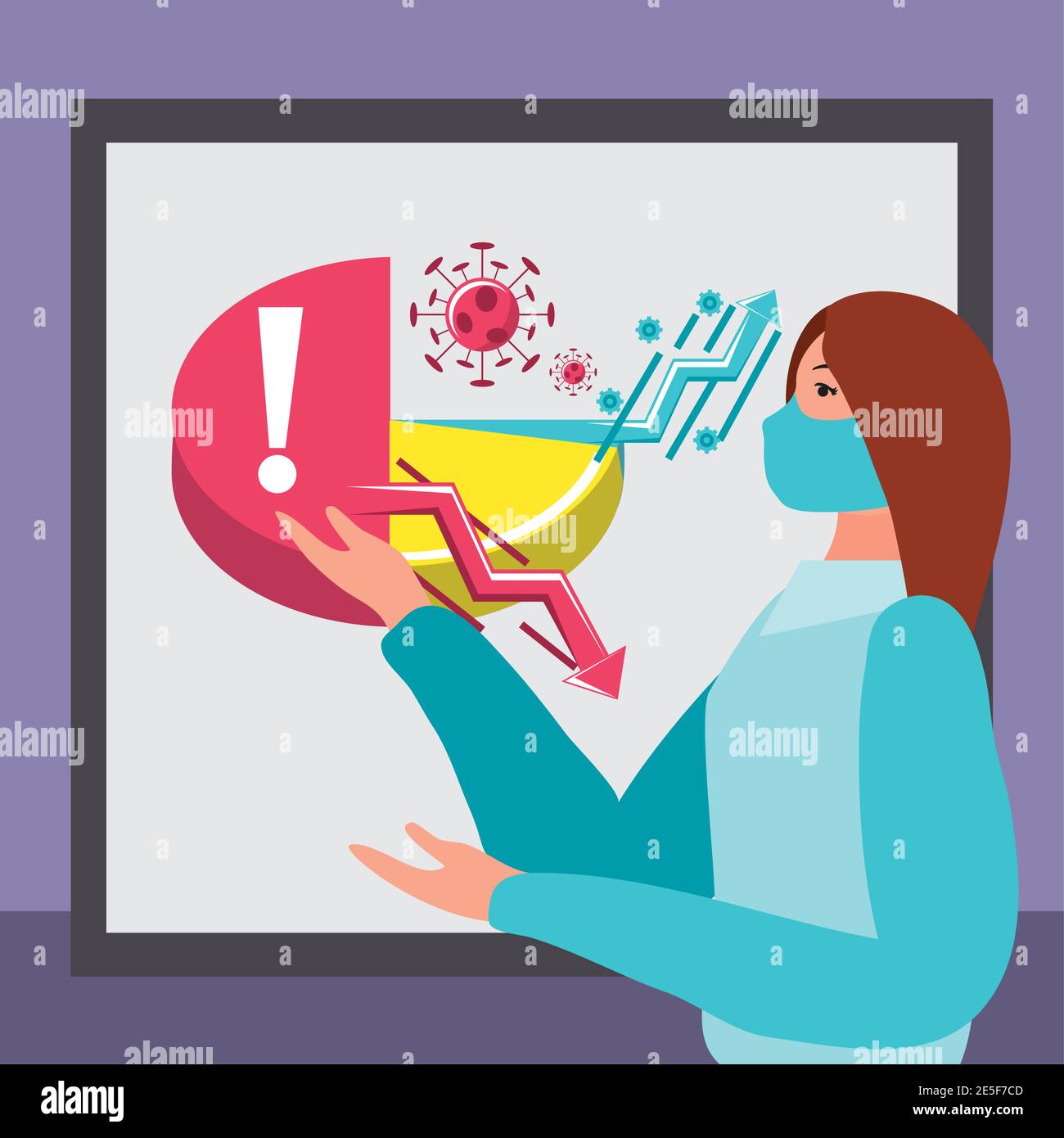 business woman with mask analysing crisis economy vector illustration ...