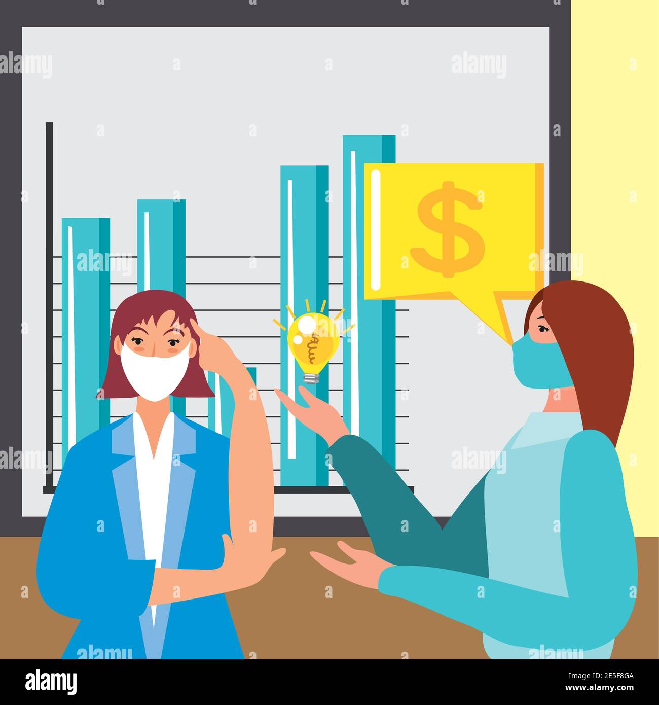 business women with mask and finding new ideas and solution vector ...